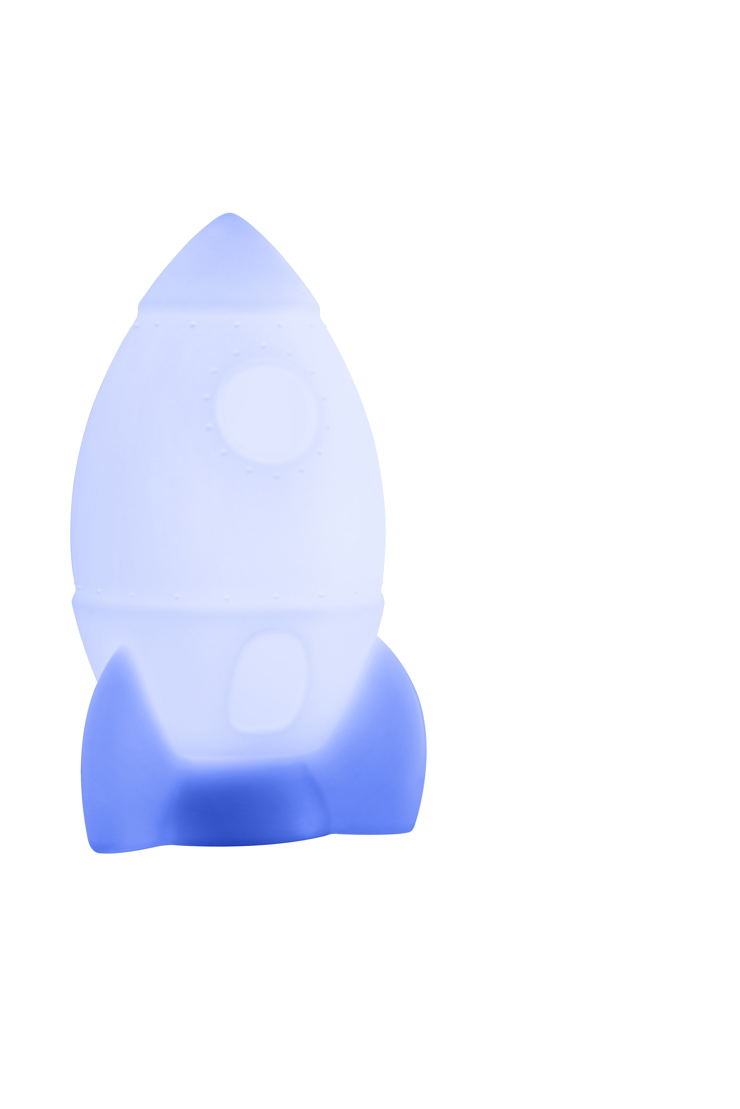 Niebiesko-fioletowa lampa w kształcie rakiety na białym tle.