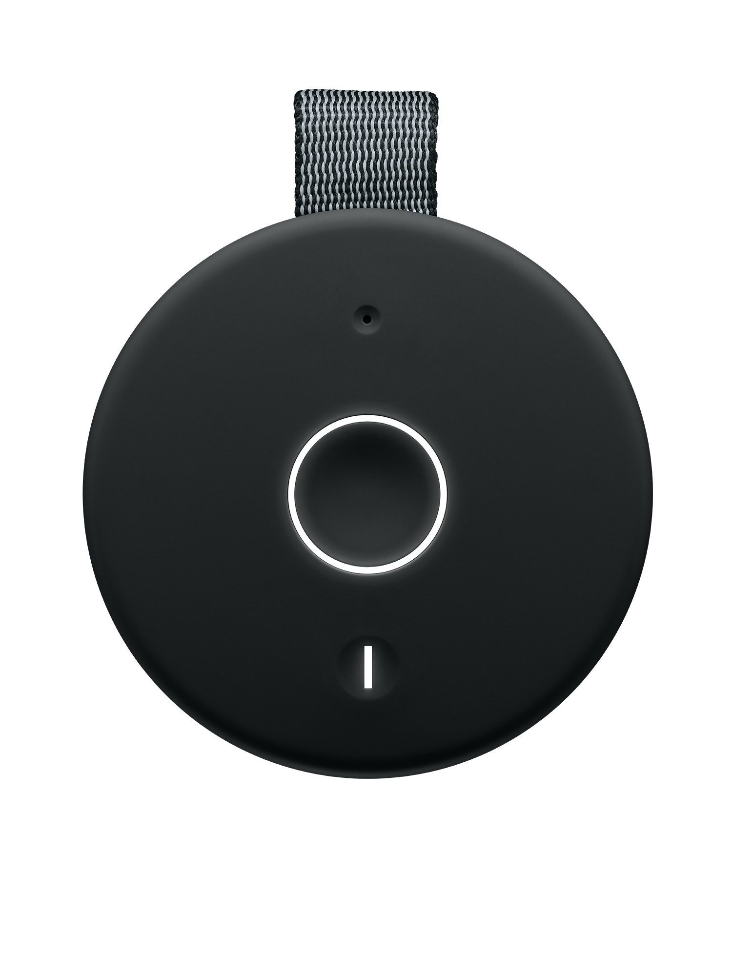 Czarny, okrągły głośnik z paskiem. Duże białe koło z mniejszym w środku. Przycisk zasilania.
