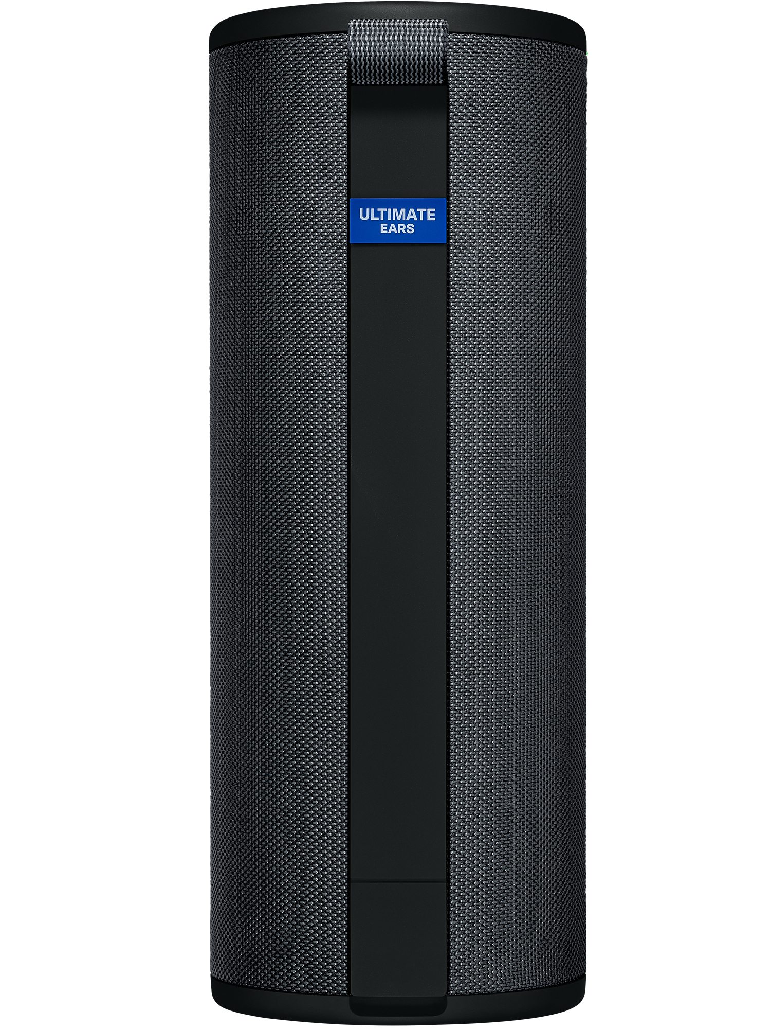 Czarny głośnik cylindryczny z niebieskim logo z przodu. Ultimate Ears.