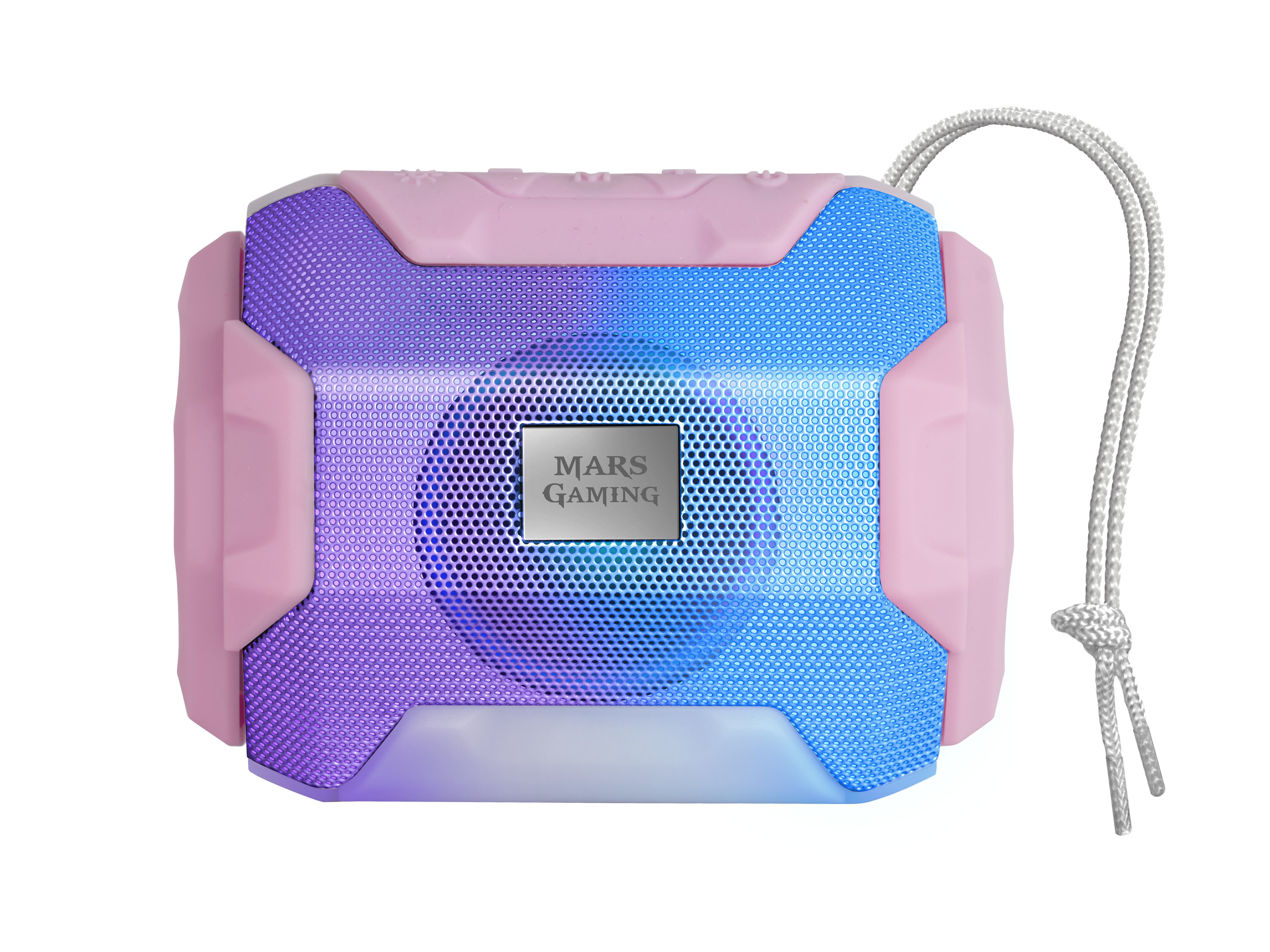 Ein rosa-blauer Lautsprecher mit weißem Kabel. Das Mars Gaming Logo ist sichtbar.