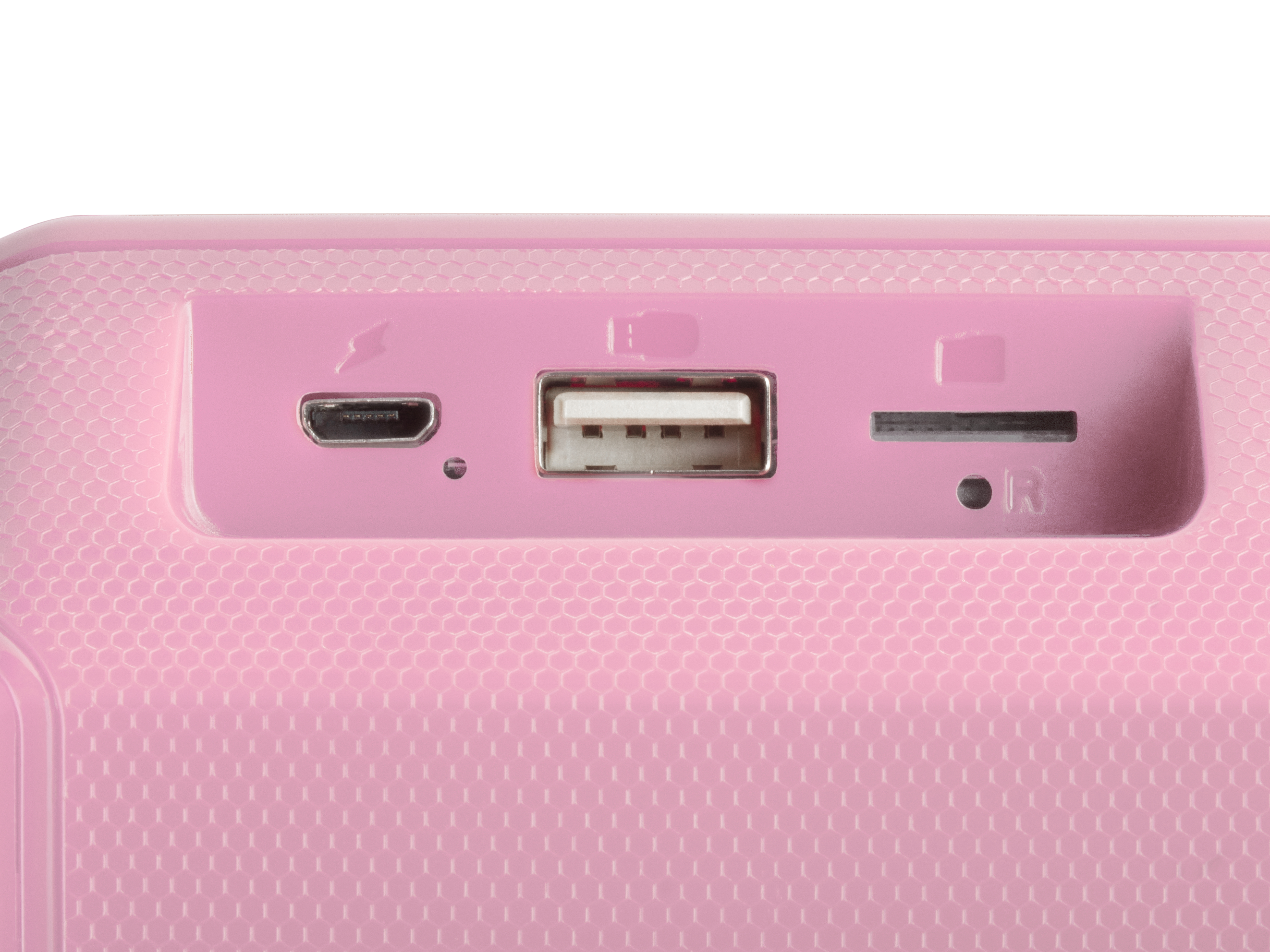 Rosa Lautsprecher mit Anschlüssen: USB, Micro-USB und SD-Kartensteckplatz.