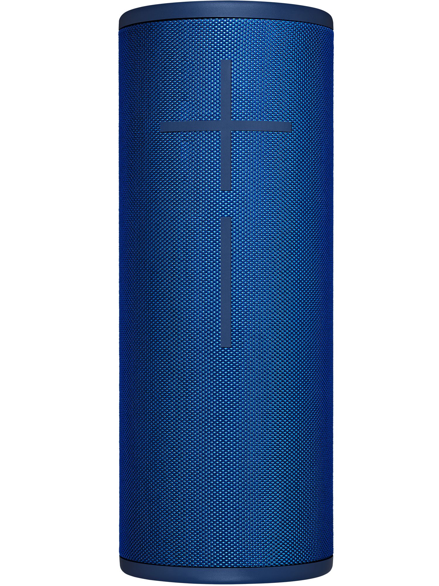 Altavoz azul, forma cilíndrica, con una línea vertical y horizontal azul oscuro.