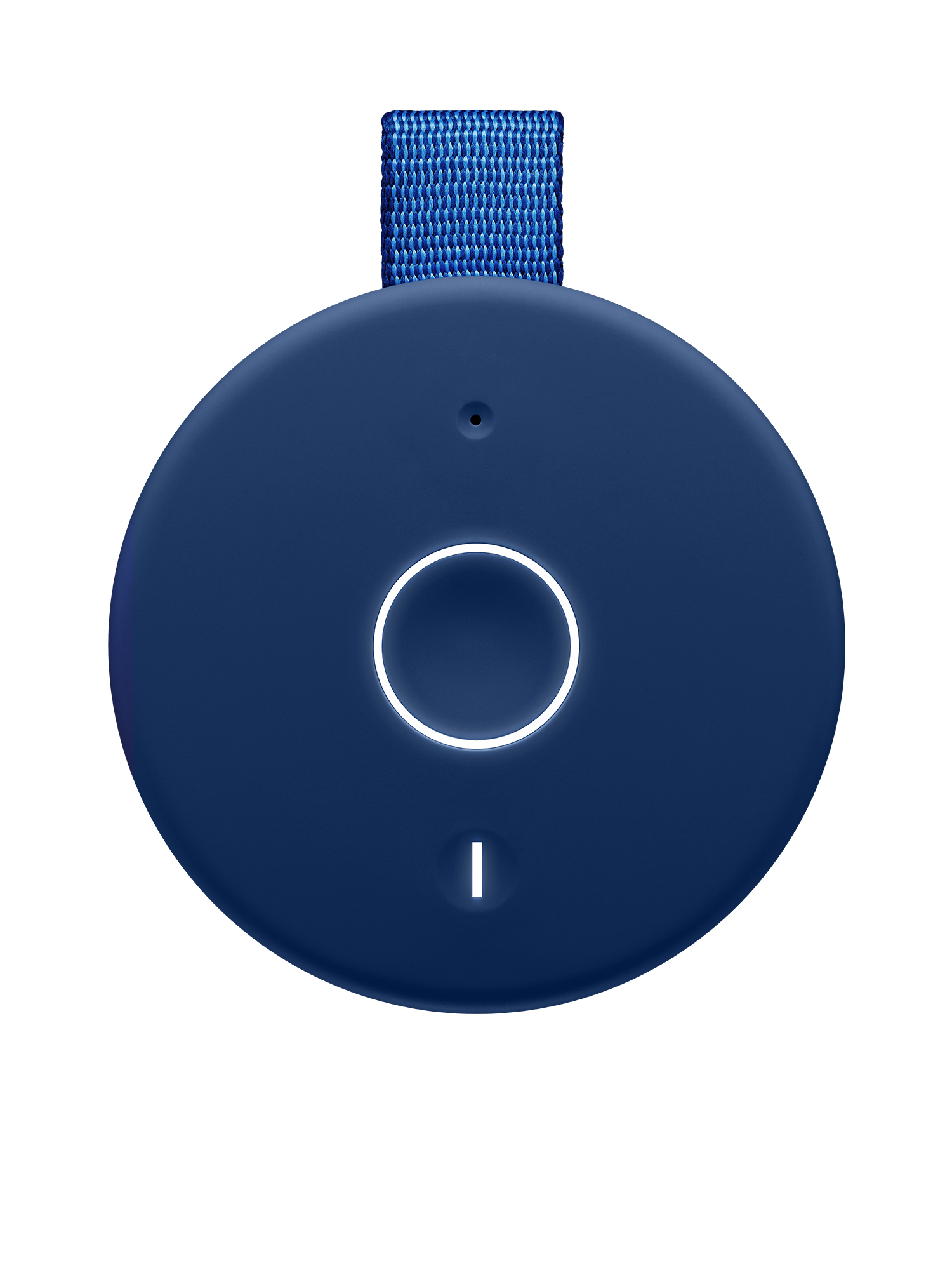Altavoz azul con diseño circular, botón blanco y correa azul.
