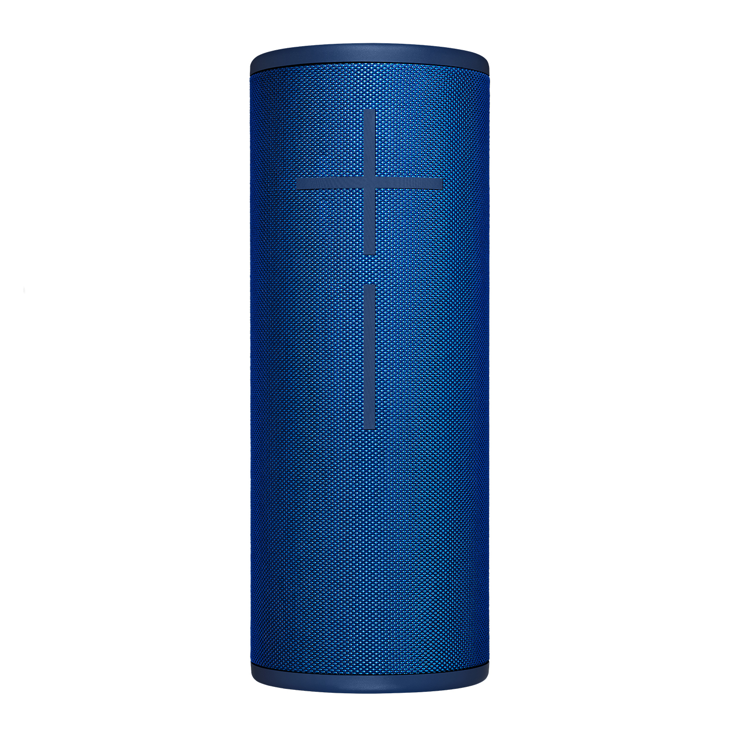 Altavoz cilíndrico azul. El altavoz tiene un diseño de cruz.