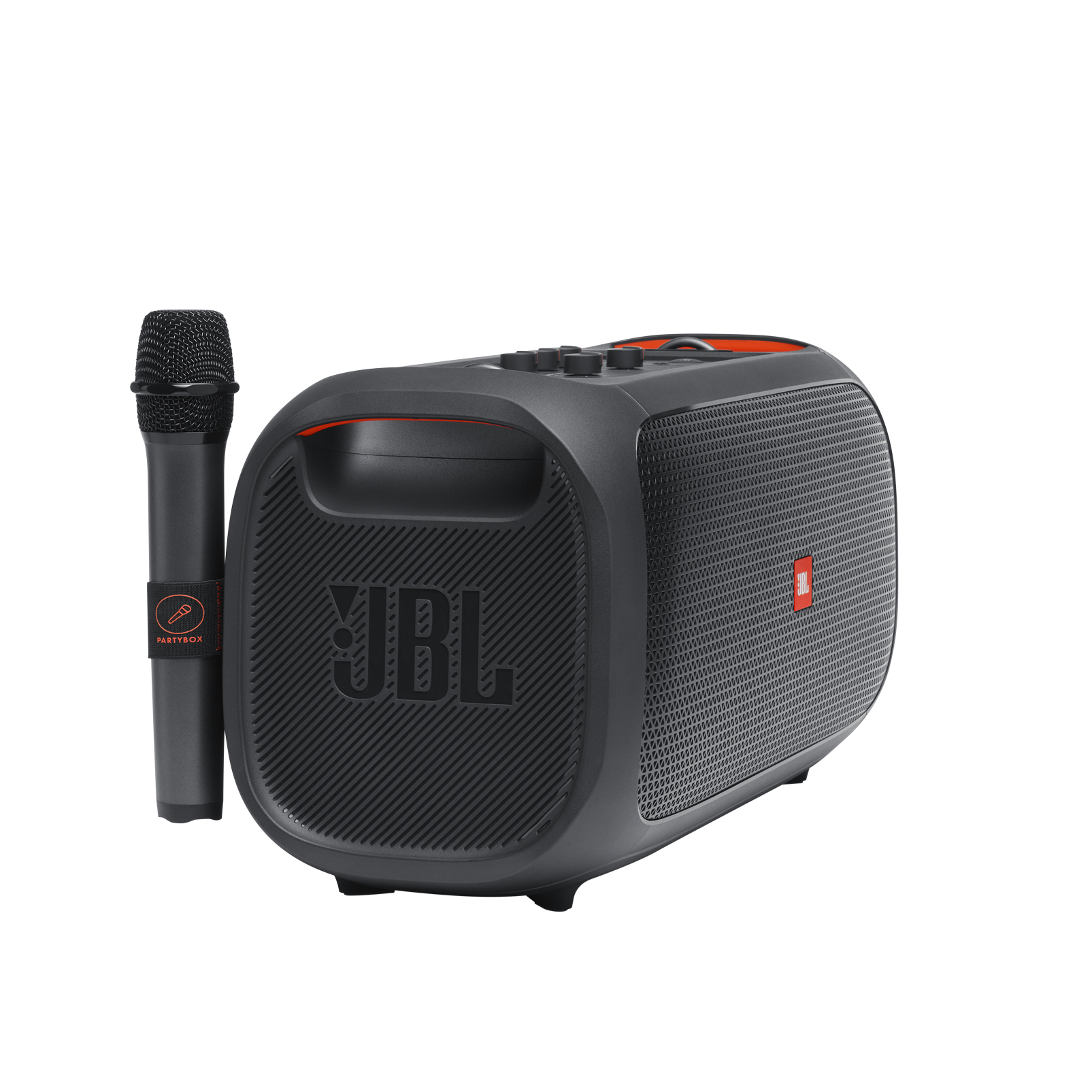 Un altavoz JBL Partybox negro con micrófono y detalles en naranja.