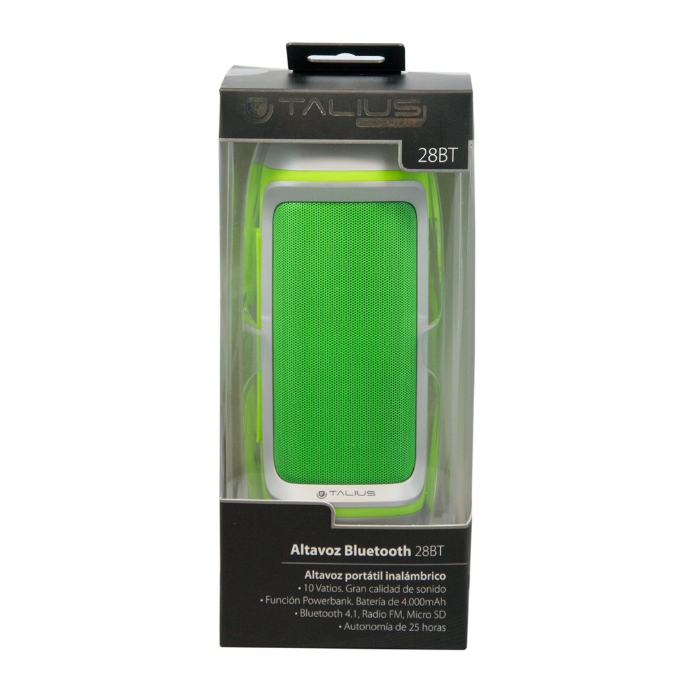 Een groene en zwarte Bluetooth-luidspreker in een doorzichtige plastic behuizing, met tekst.