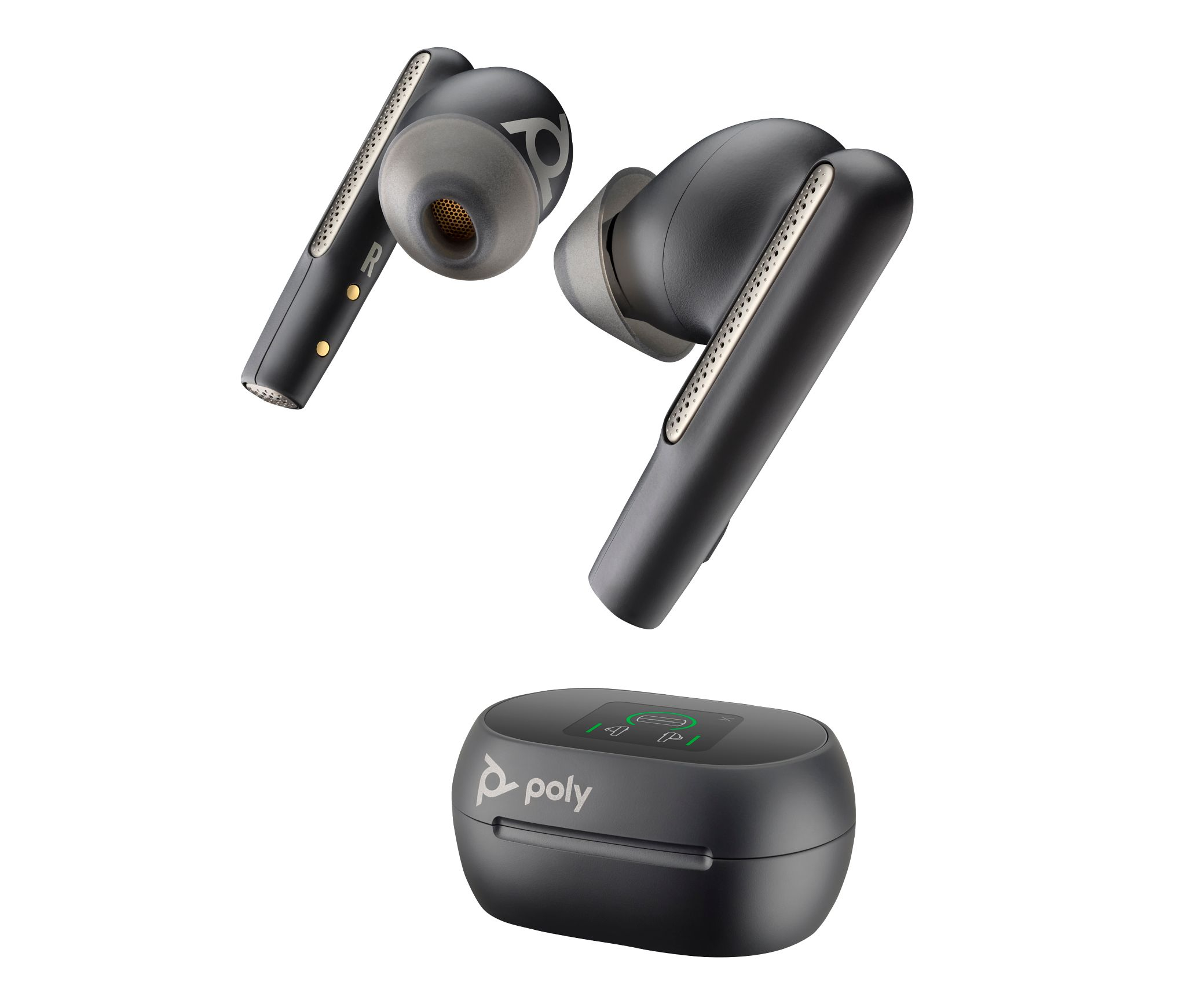 Auricolari wireless neri e grigi con custodia di ricarica. Marchio Poly.