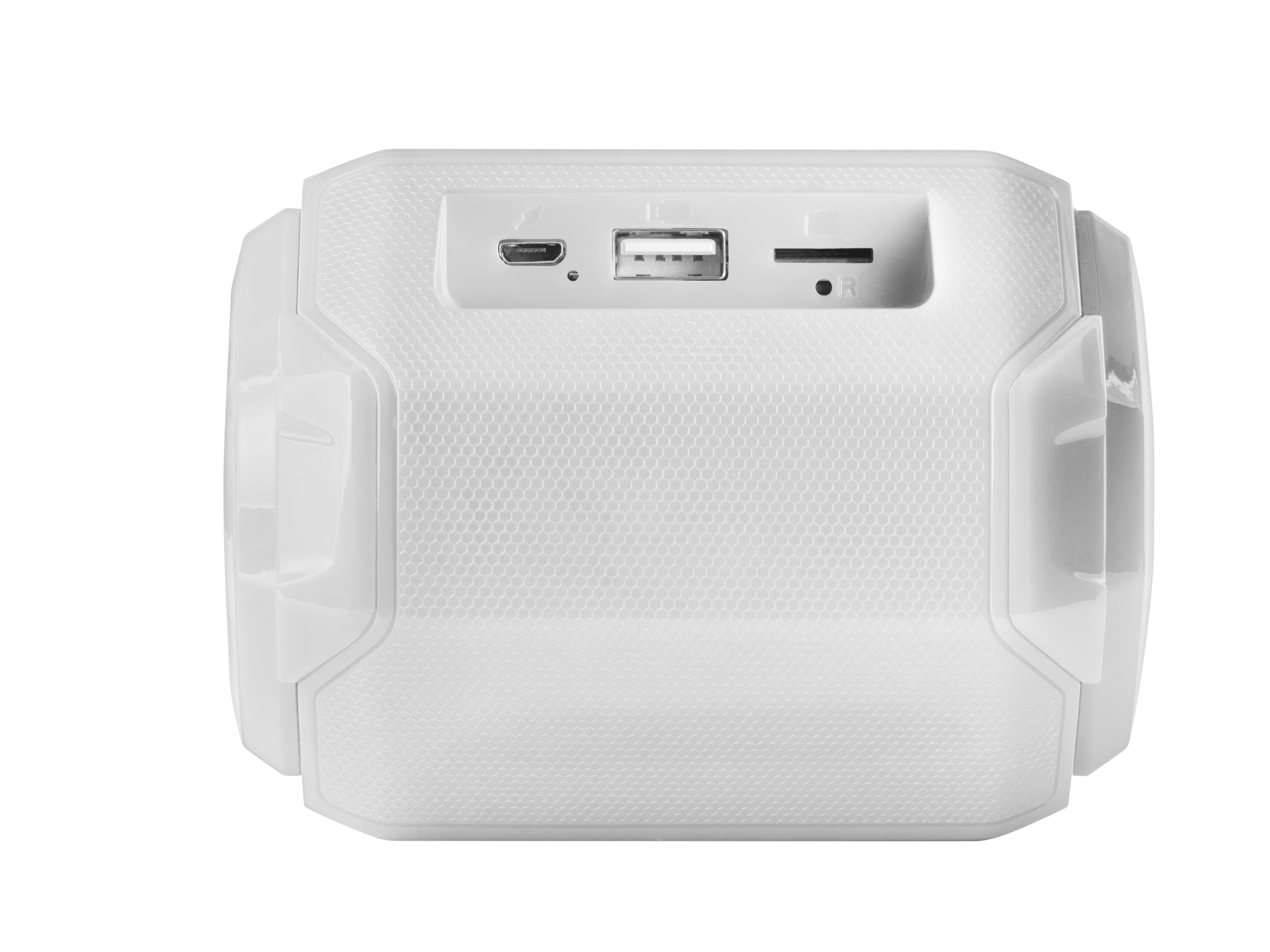 Weißer Lautsprecher mit USB-, Micro-USB- und SD-Kartenanschlüssen. Sechseckiges Muster vorne.