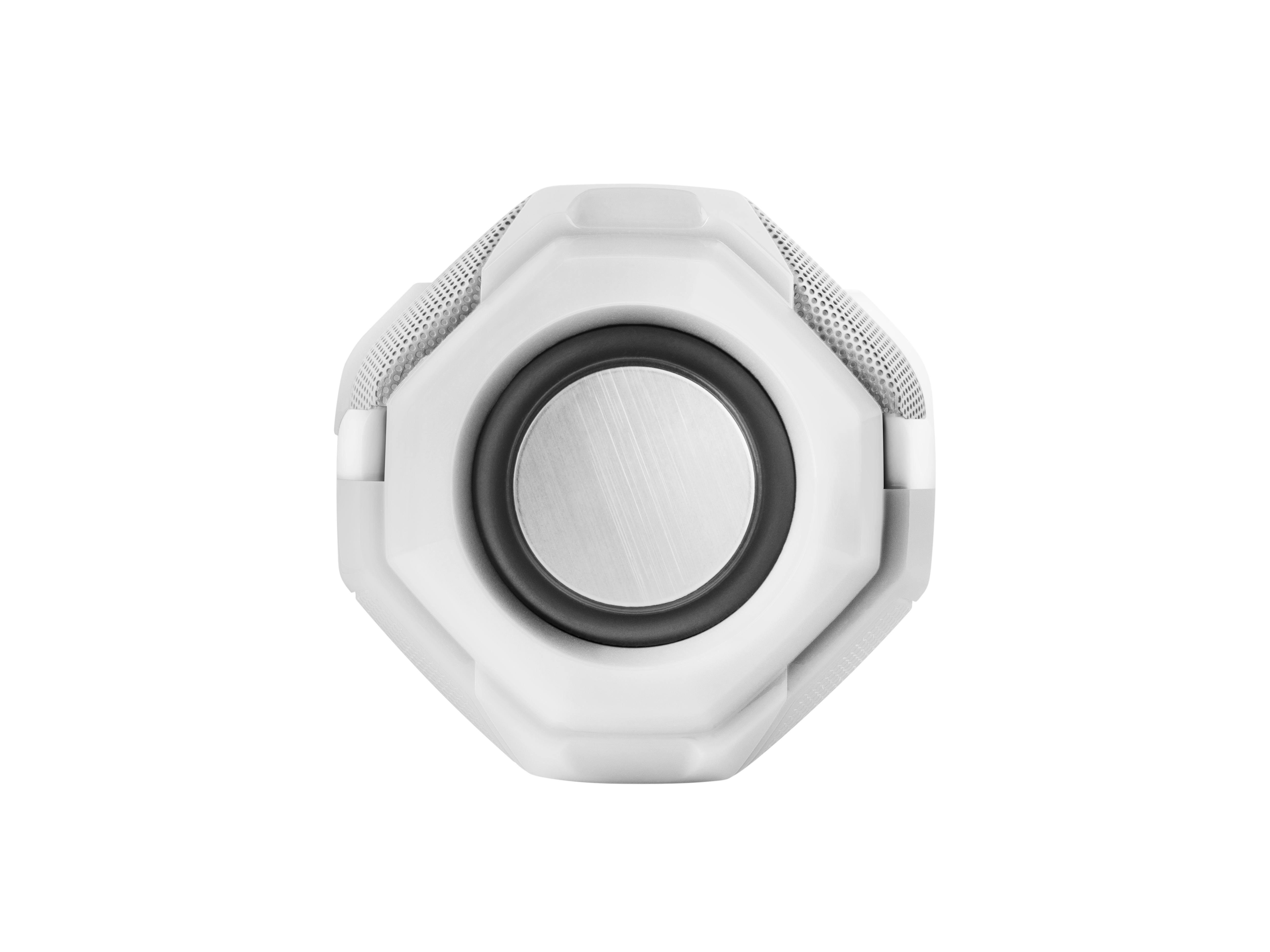 Weißer Lautsprecher mit silbernem Mittellautsprecher. Der Lautsprecher hat ein Mesh-Design an den Seiten.