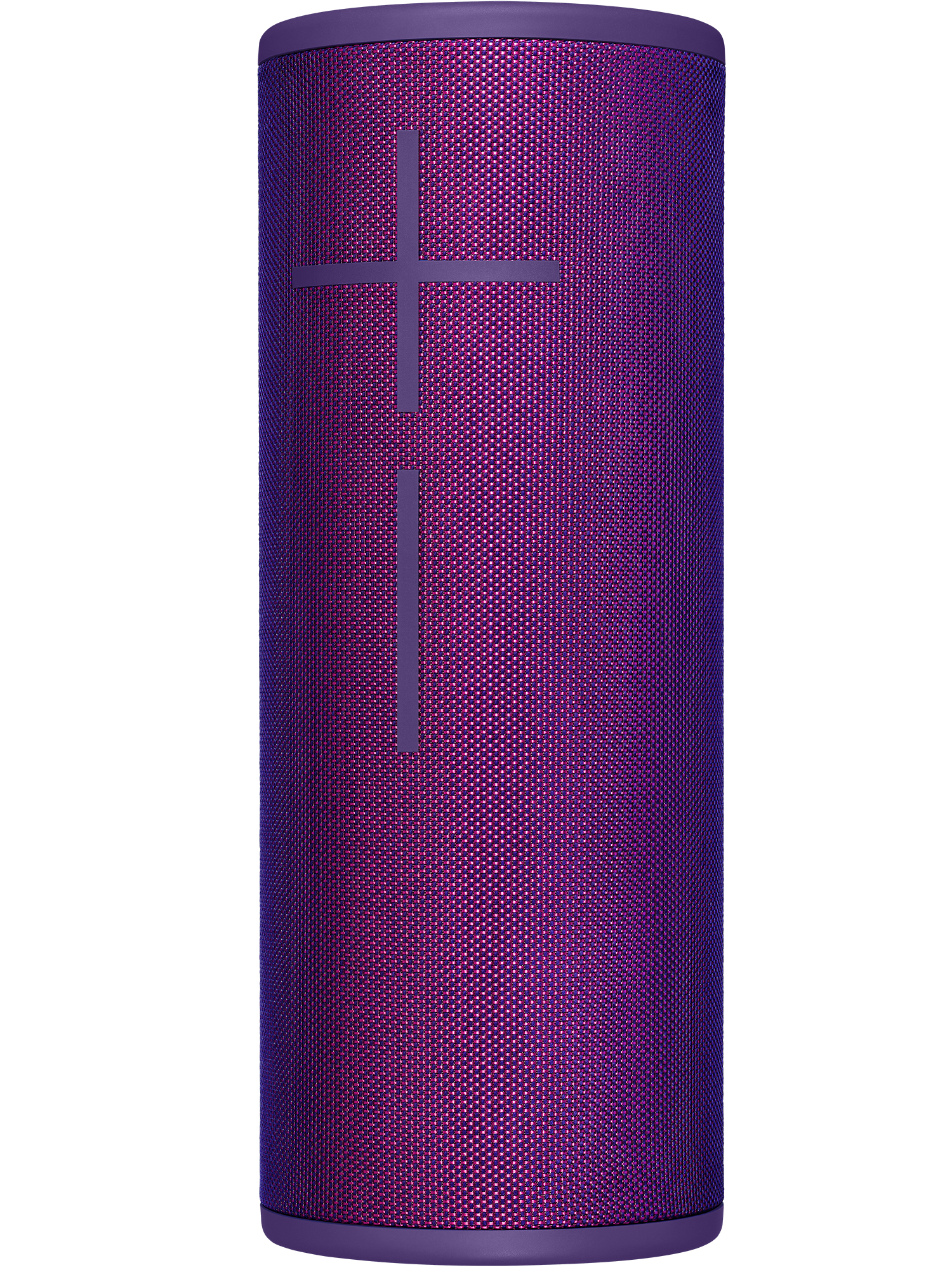 Un altavoz cilíndrico púrpura con una textura de malla y un diseño de cruz púrpura en el frente.