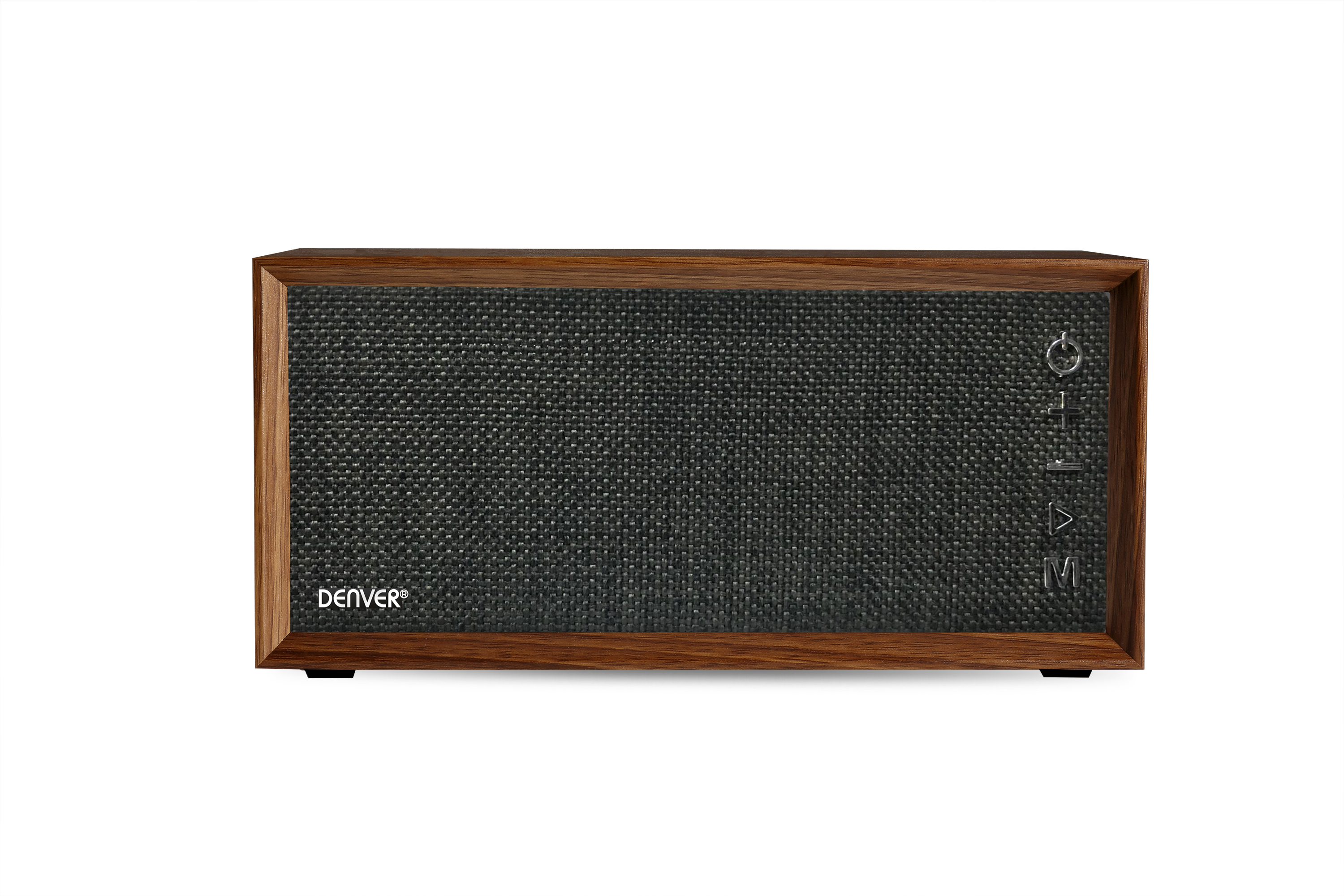 Un altavoz de madera con una malla negra frontal y botones de control.