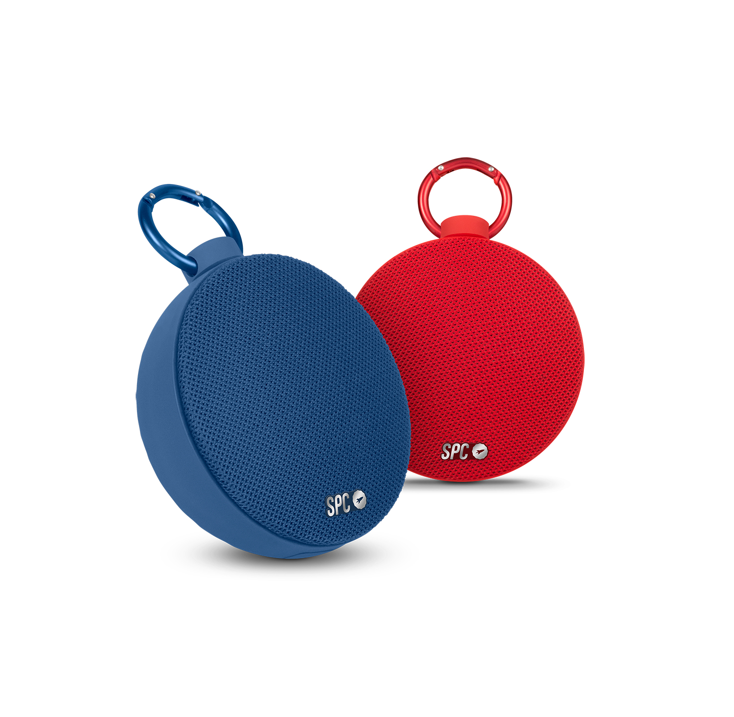 Dos altavoces redondos azules y rojos con mosquetones.