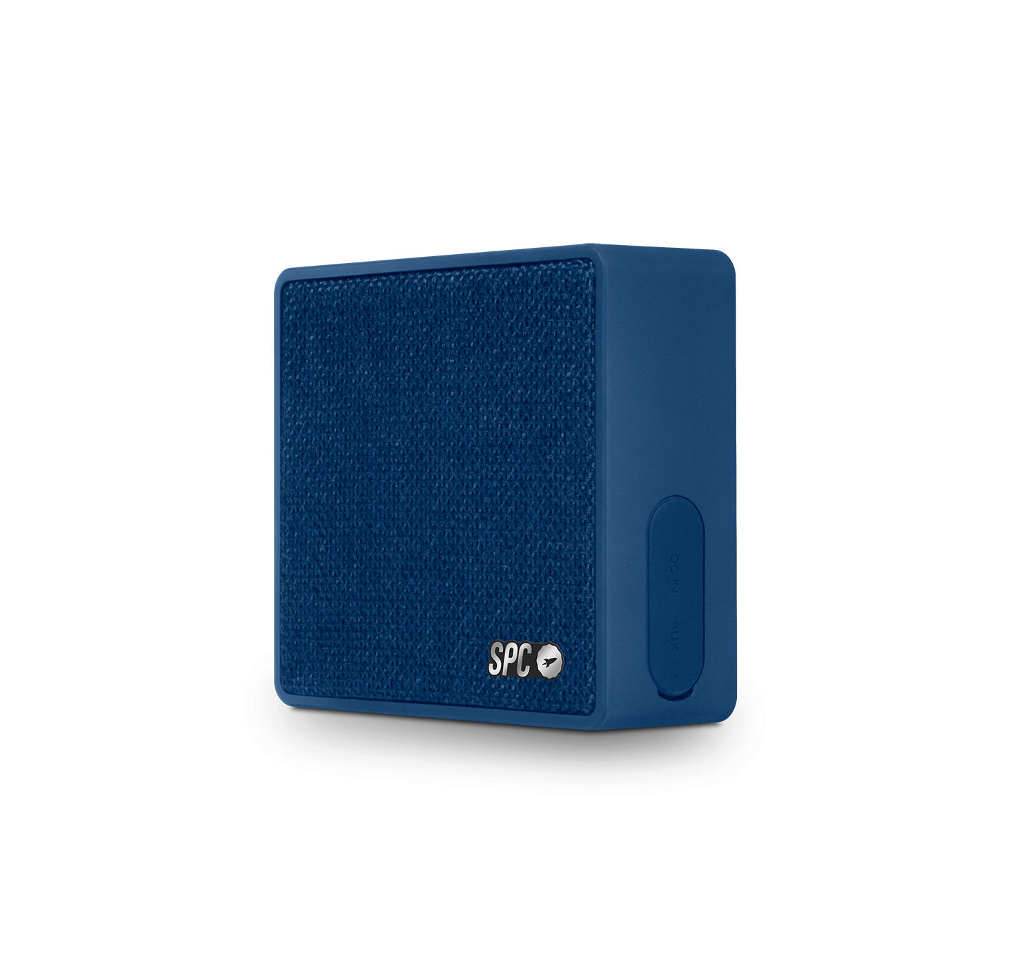 Pequeño altavoz cuadrado azul. Tiene un borde redondeado y la palabra SPC en el frente.