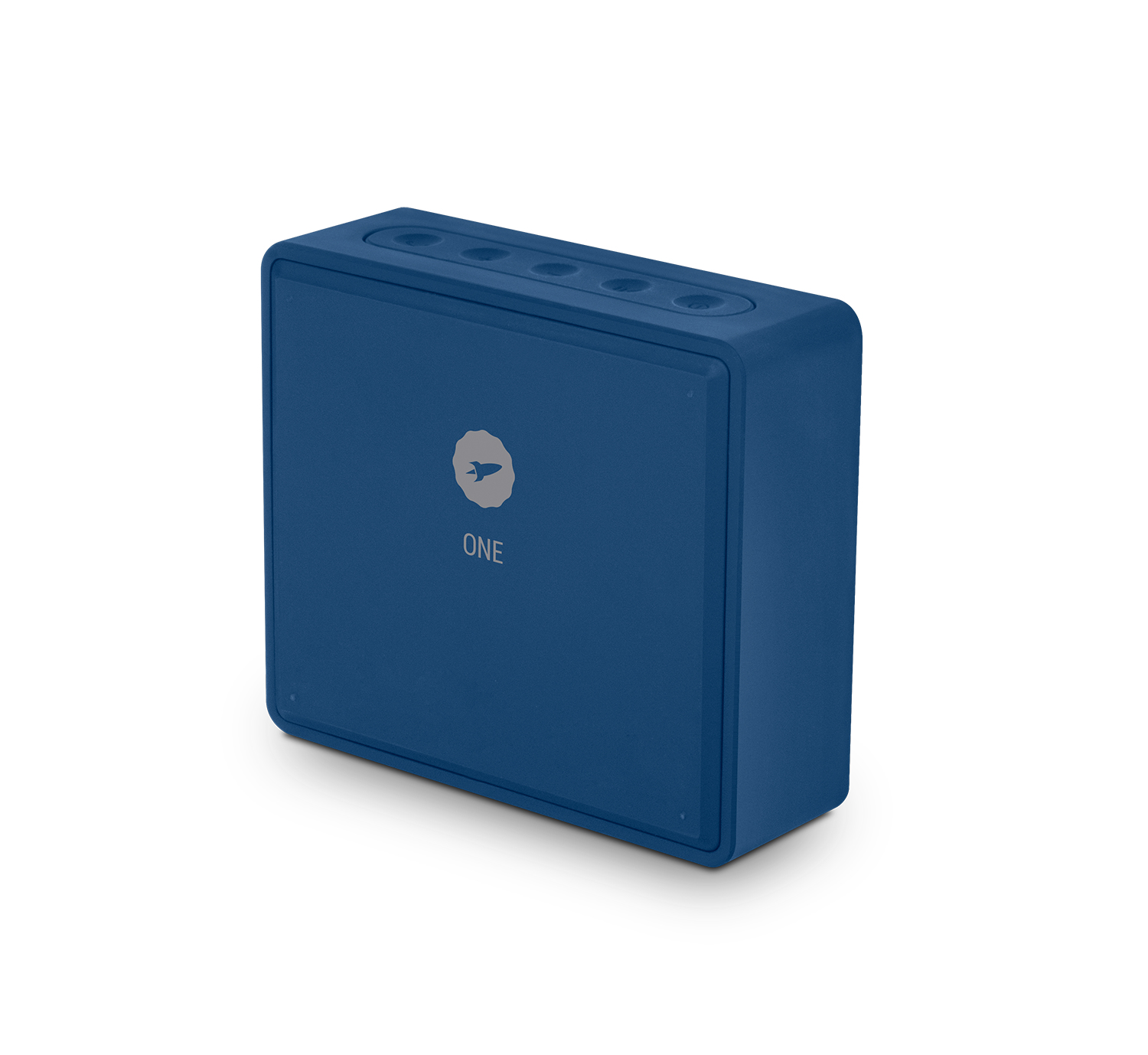 Altavoz cuadrado azul con logo y botones en la parte superior.