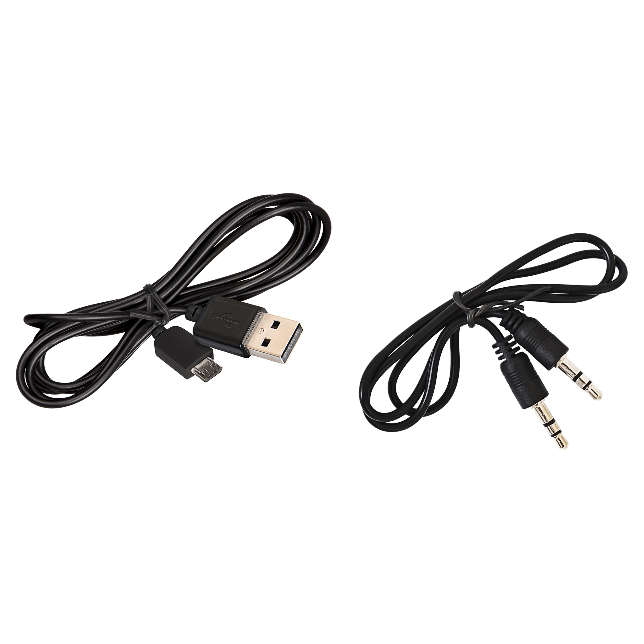 Due cavi neri con connettori: da USB a micro-USB e una coppia di jack audio da 3,5 mm.
