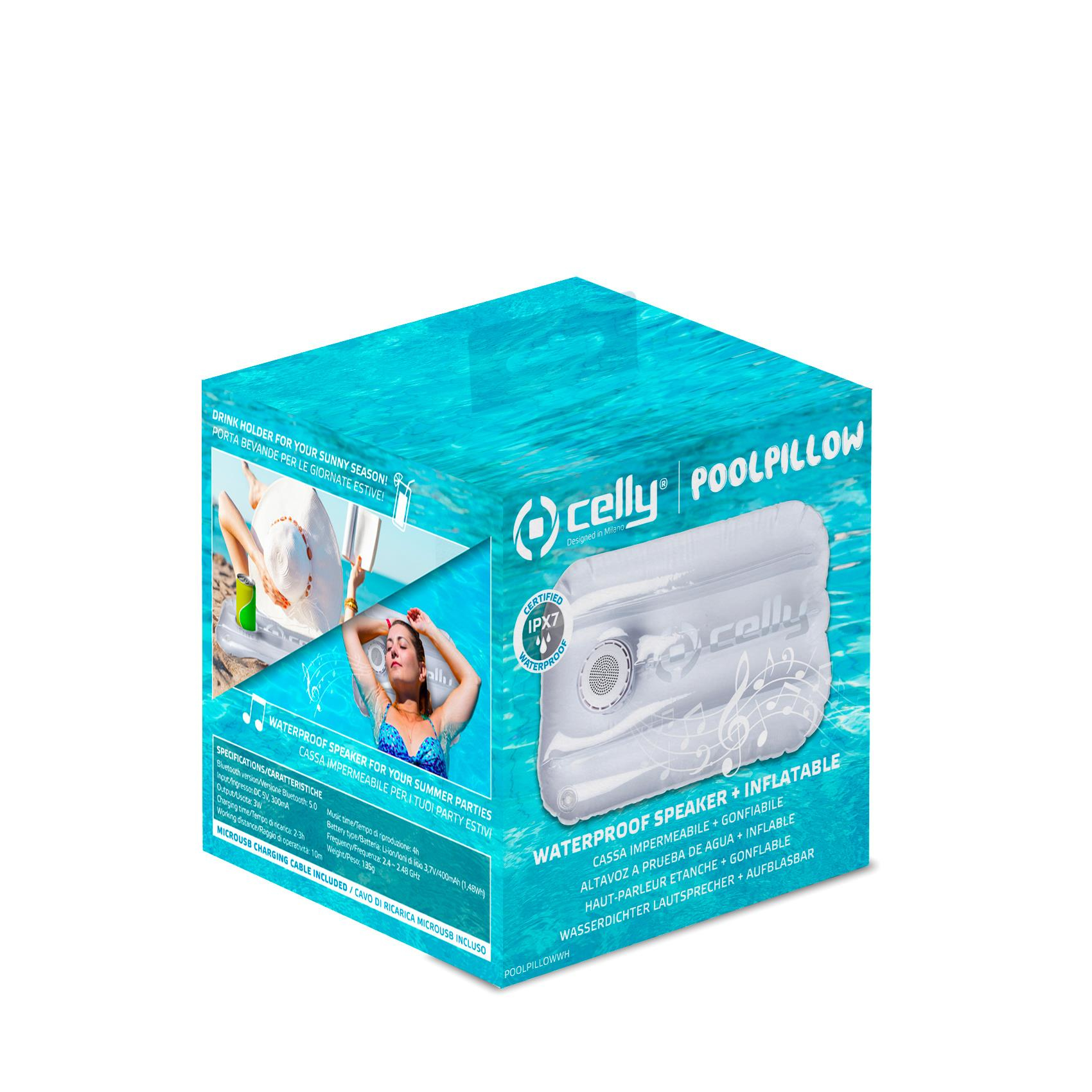 Białe kwadratowe pudełko z głośnikiem wodoodpornym i kobietą z białym ręcznikiem z przodu.