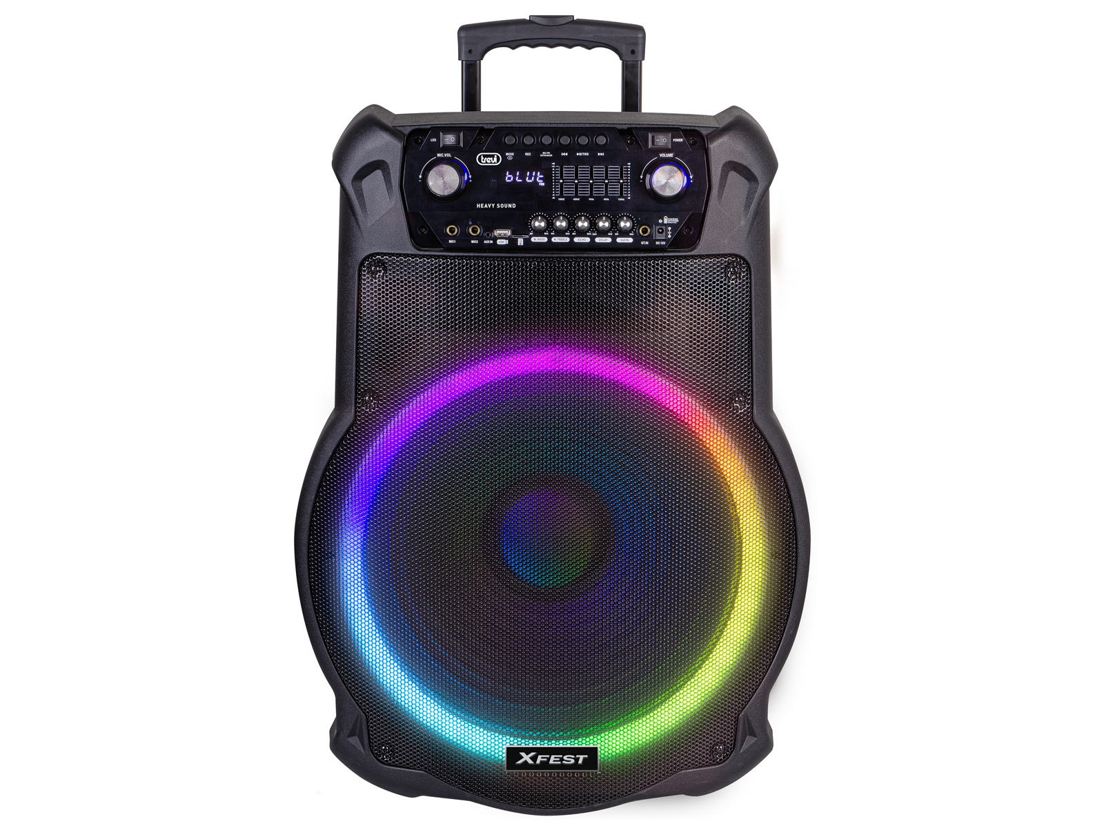 Czarny głośnik z kolorowym pierścieniem świetlnym, widok z przodu, marka XFEST.