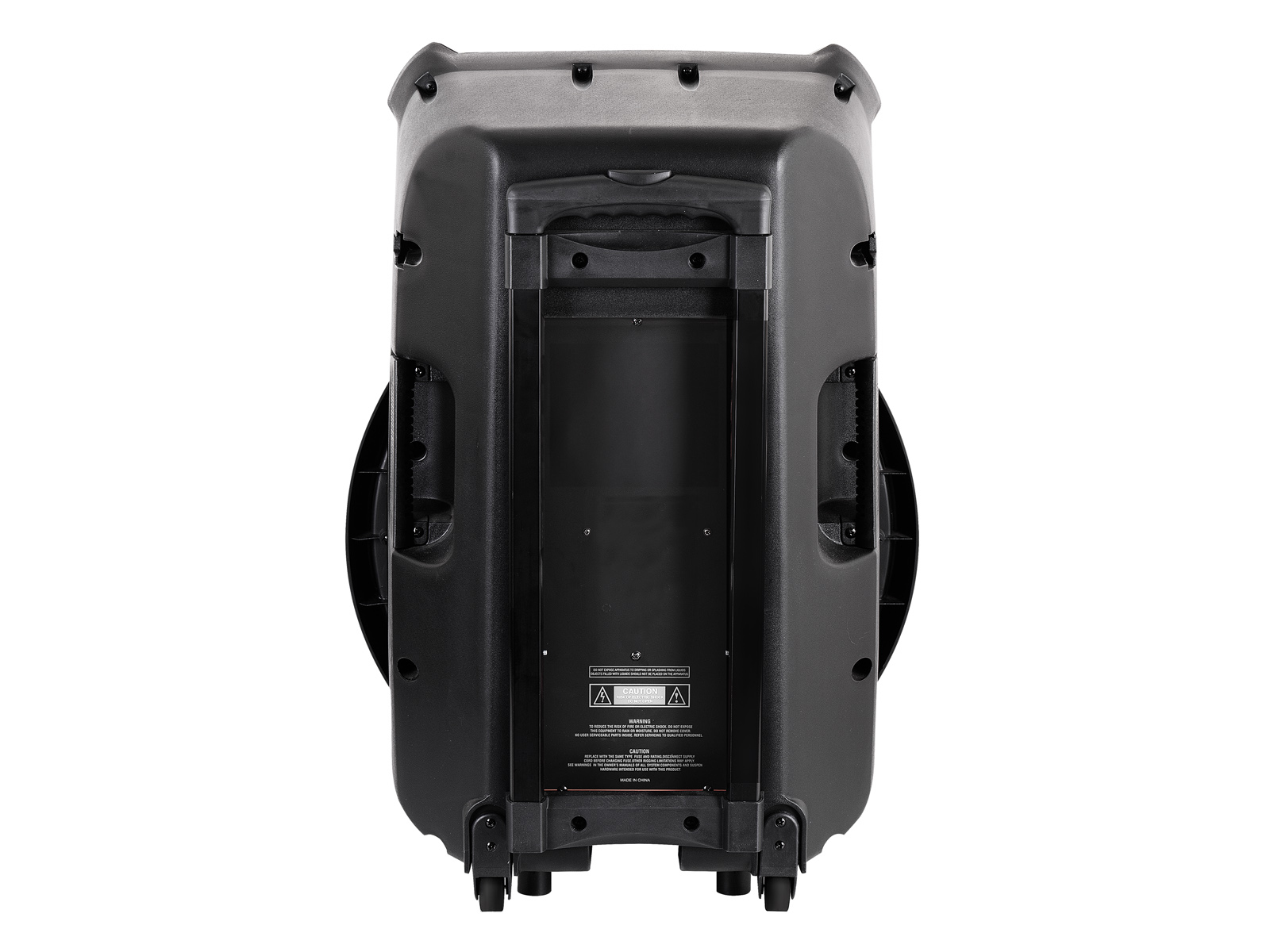 Czarny głośnik, widok z tyłu, z kółkami i uchwytem.