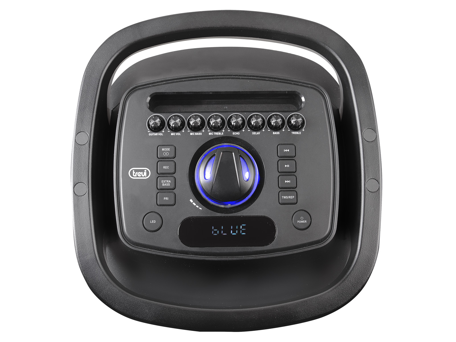 Czarny głośnik z wieloma przyciskami i wyświetlaczem. Widok z góry, białe tło.