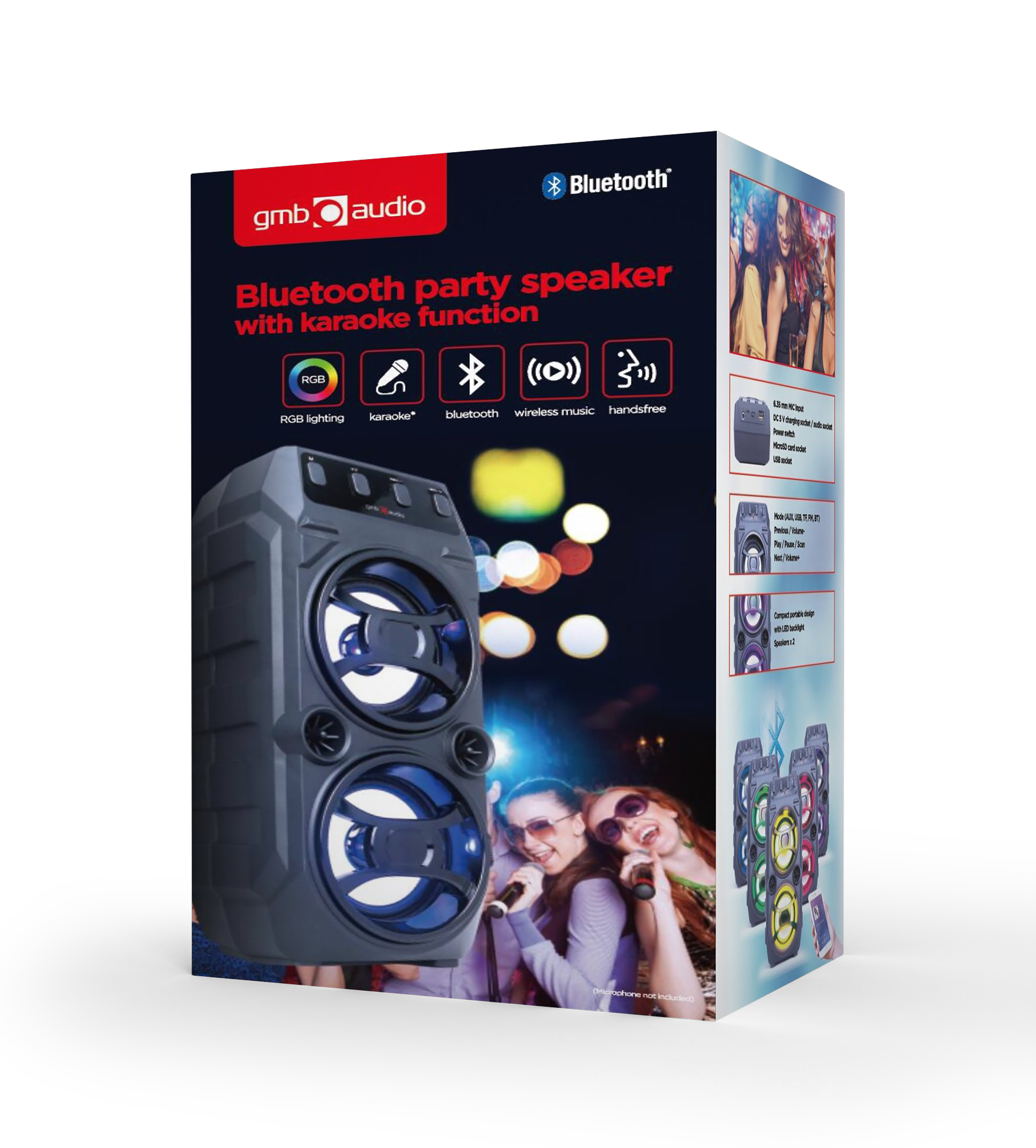 Scatola per altoparlante Bluetooth per feste con funzione karaoke. Ha immagini di persone che fanno karaoke e funzioni dell'altoparlante.