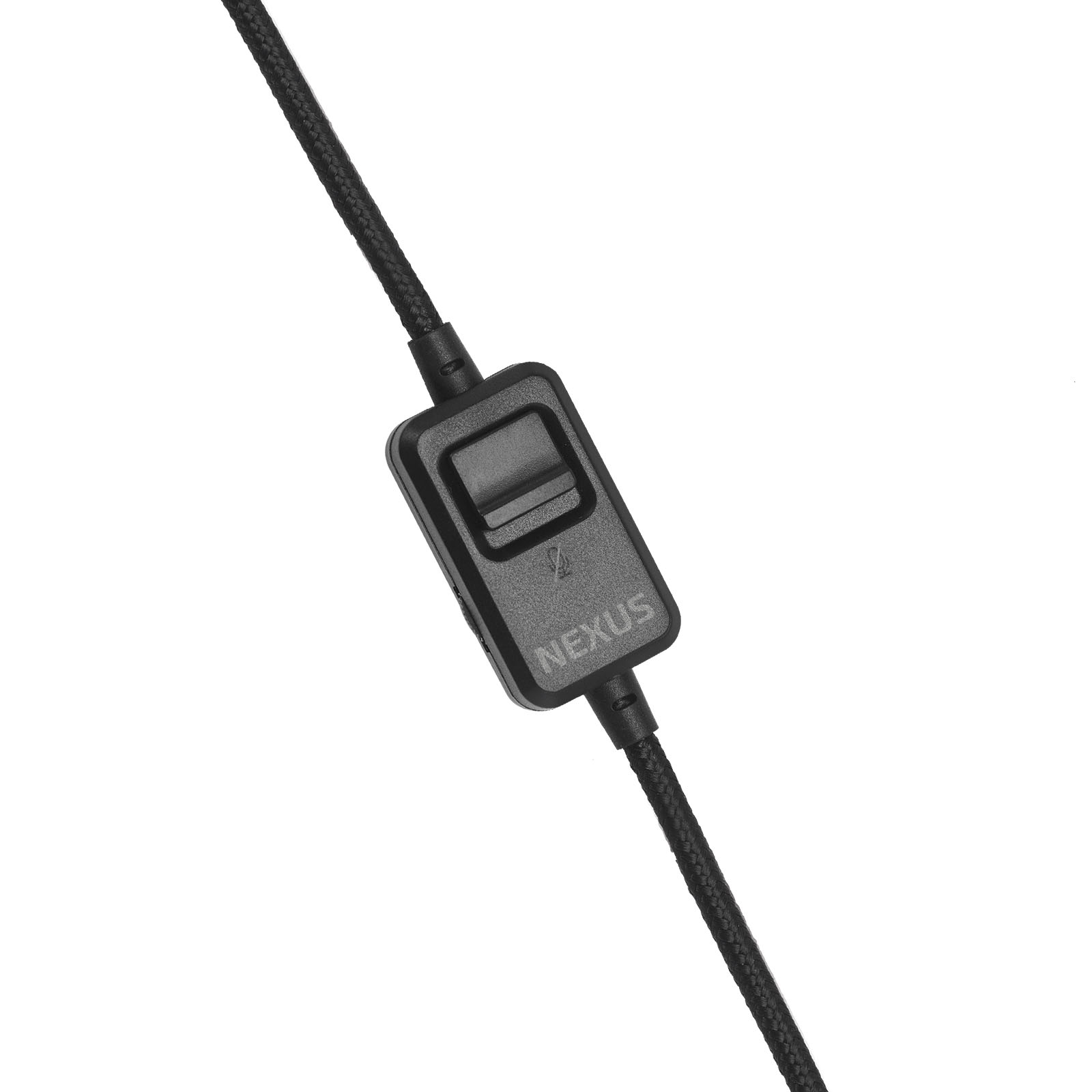 Zbliżenie czarnego elementu sterującego Nexus. Znajduje się na czarnym przewodzie.