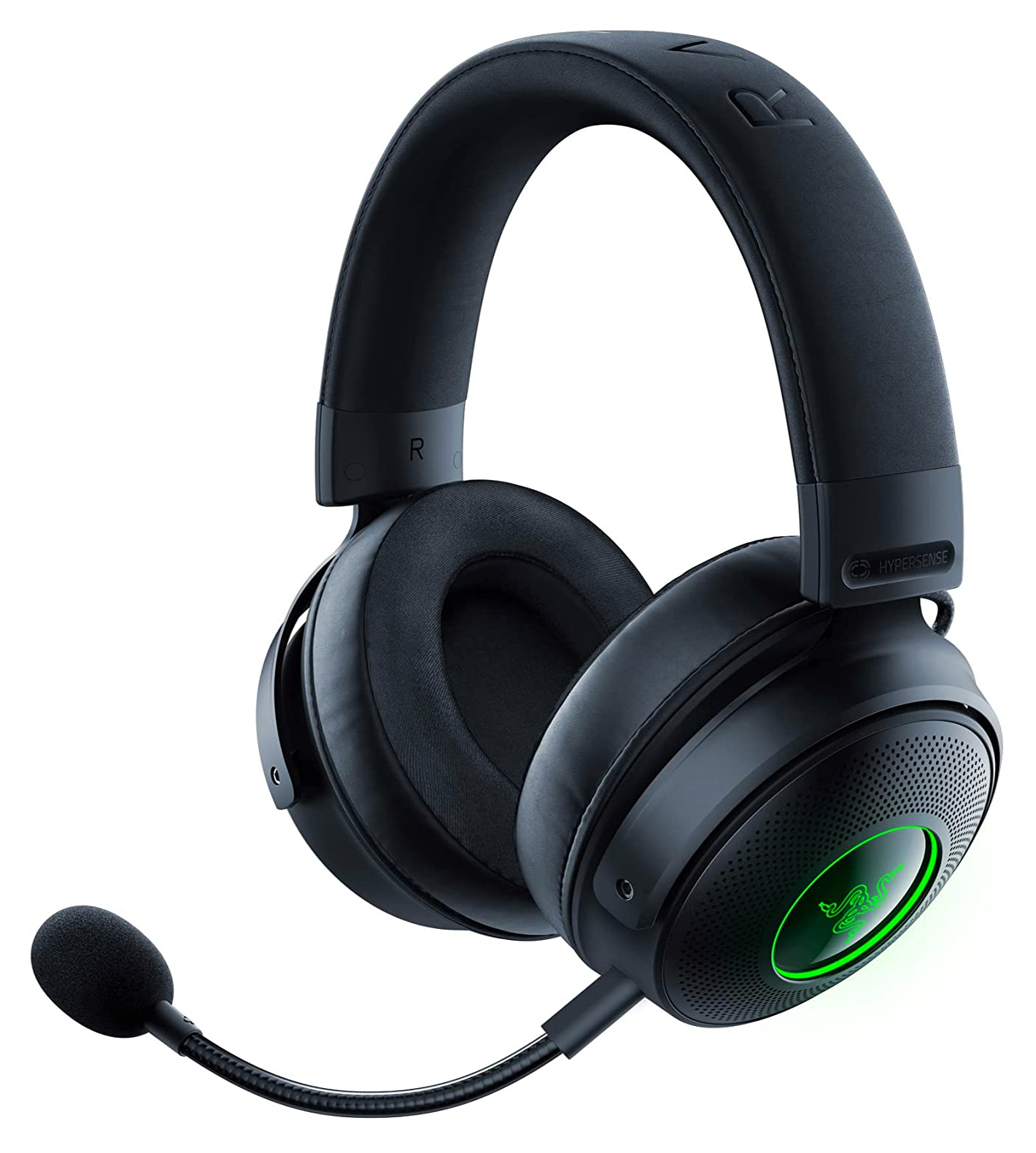 Auriculares gaming Razer negros con micrófono y detalles verdes. Fondo blanco.