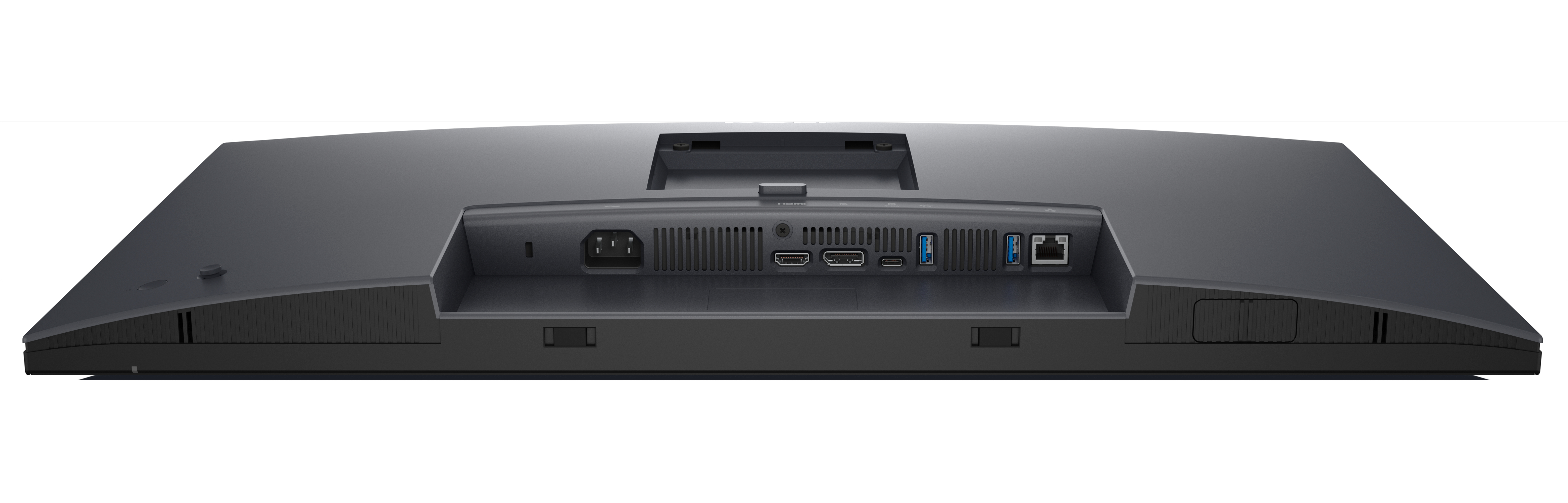 Tył czarnego monitora z różnymi portami, złączami i przyciskiem zasilania.