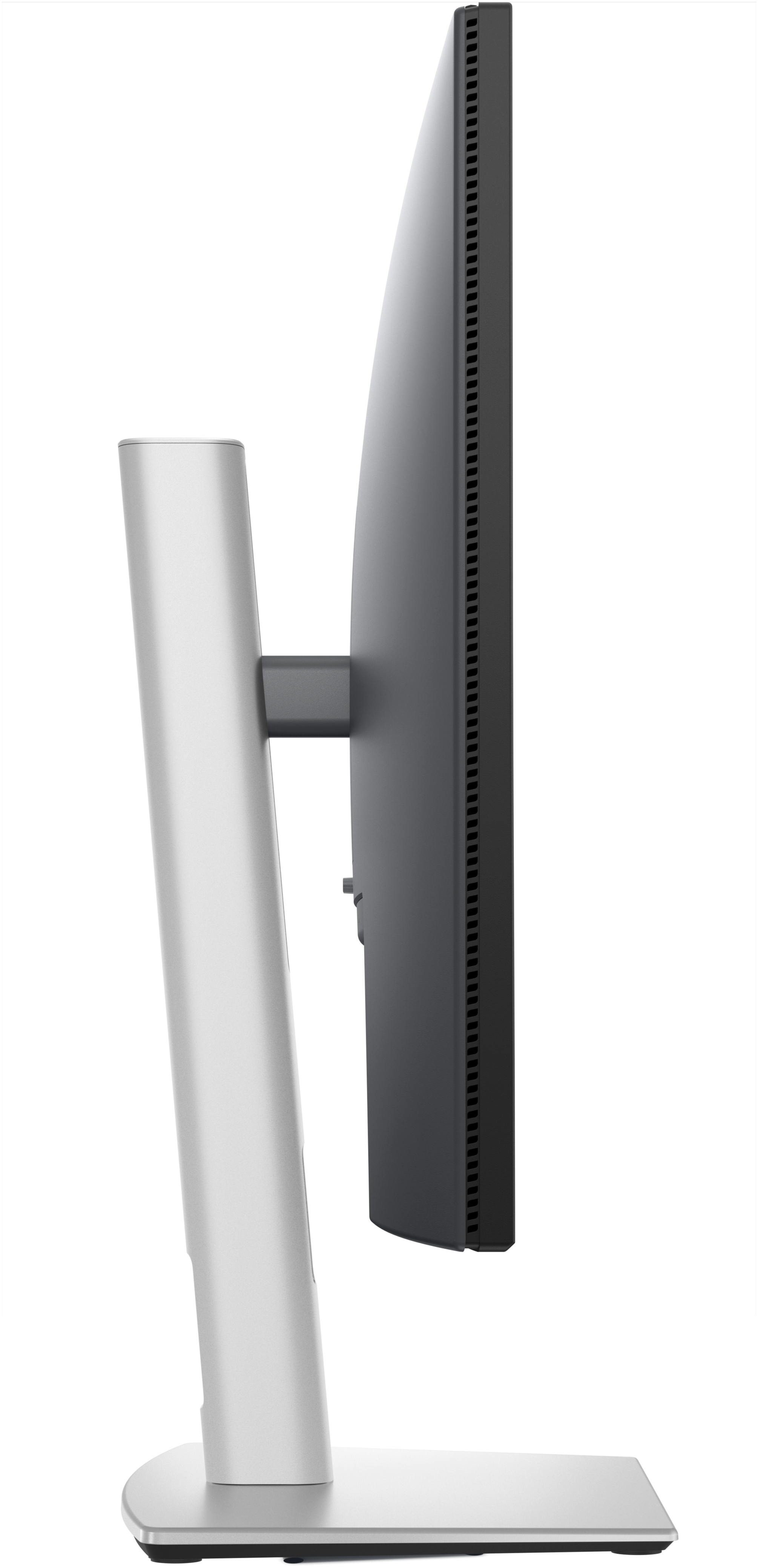 Widok z boku srebrno-czarnego monitora komputera na białym tle.