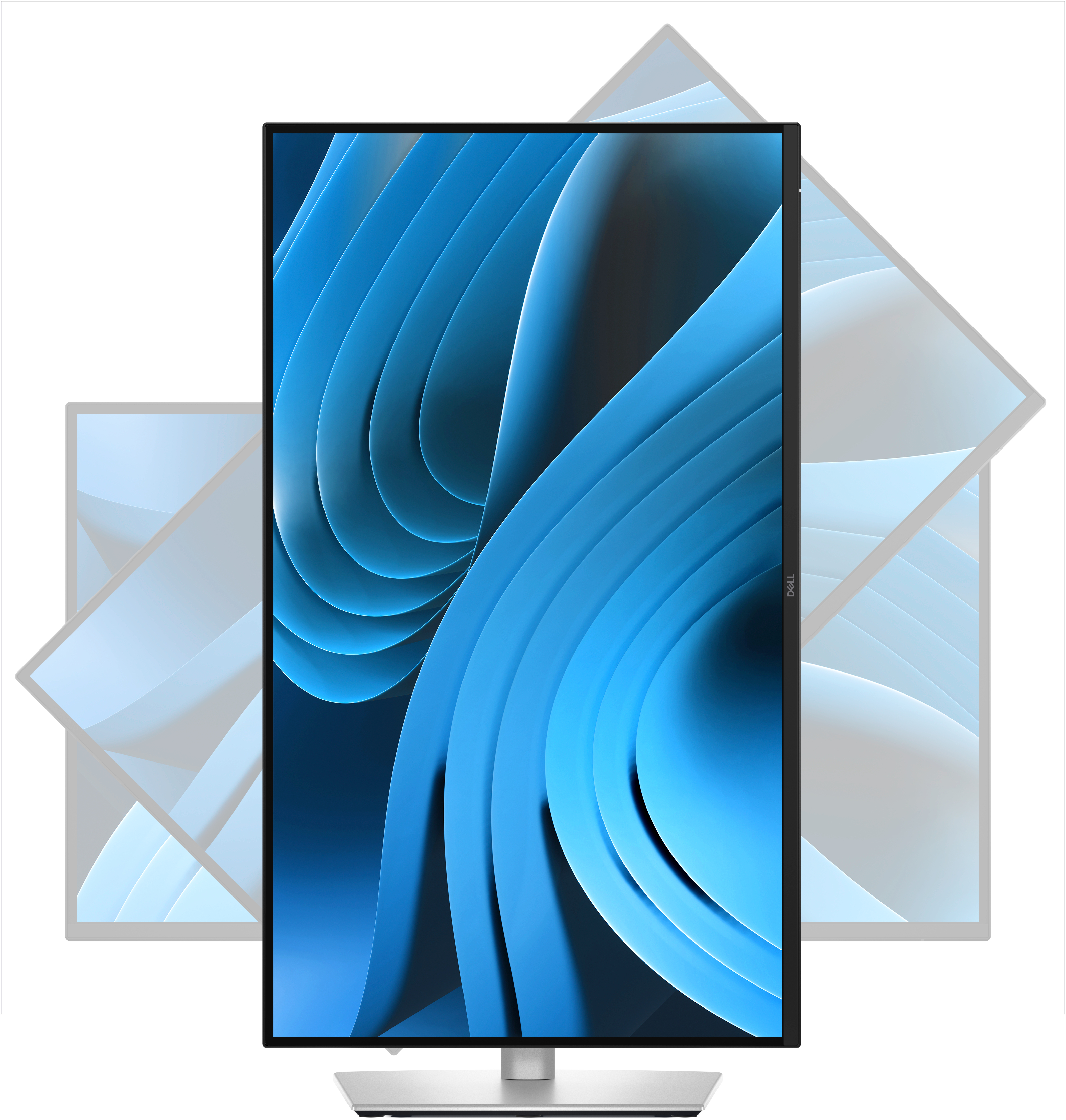 Nowoczesny monitor komputera na białym stojaku, z niebieskim abstrakcyjnym tłem.