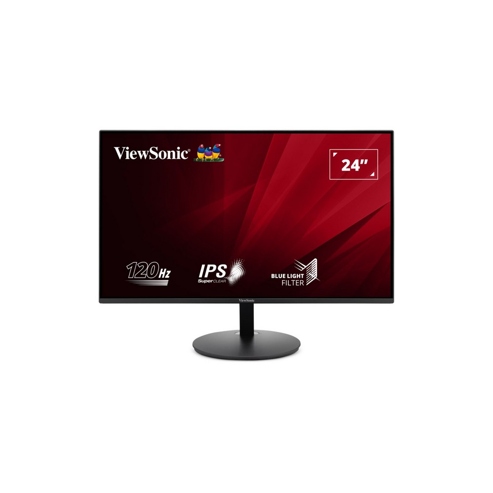 Monitor ViewSonic z czerwonym tłem i białą podstawą.