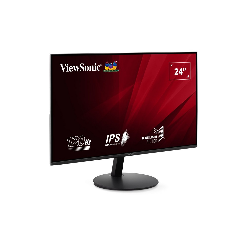 Monitor ViewSonic z czerwonym tłem. Posiada IPS i filtr niebieskiego światła.