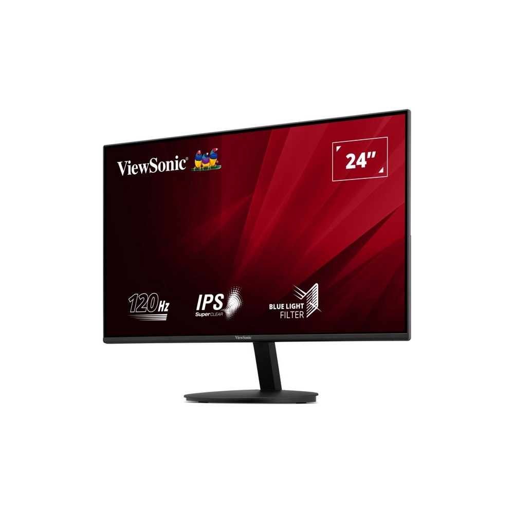 Monitor ViewSonic 24". Czarna ramka, czerwone tło z tekstem. Białe tło.
