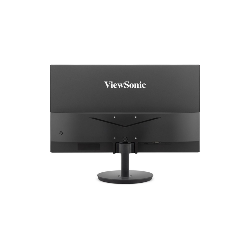 Widok z tyłu czarnego monitora ViewSonic. Ma podstawę i znajduje się na białym tle.