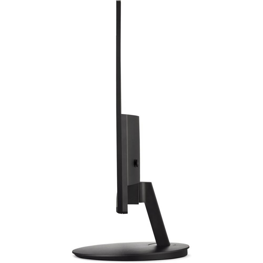 Czarny monitor komputera widoczny z boku, stojący na okrągłej podstawie. Tło jest białe.