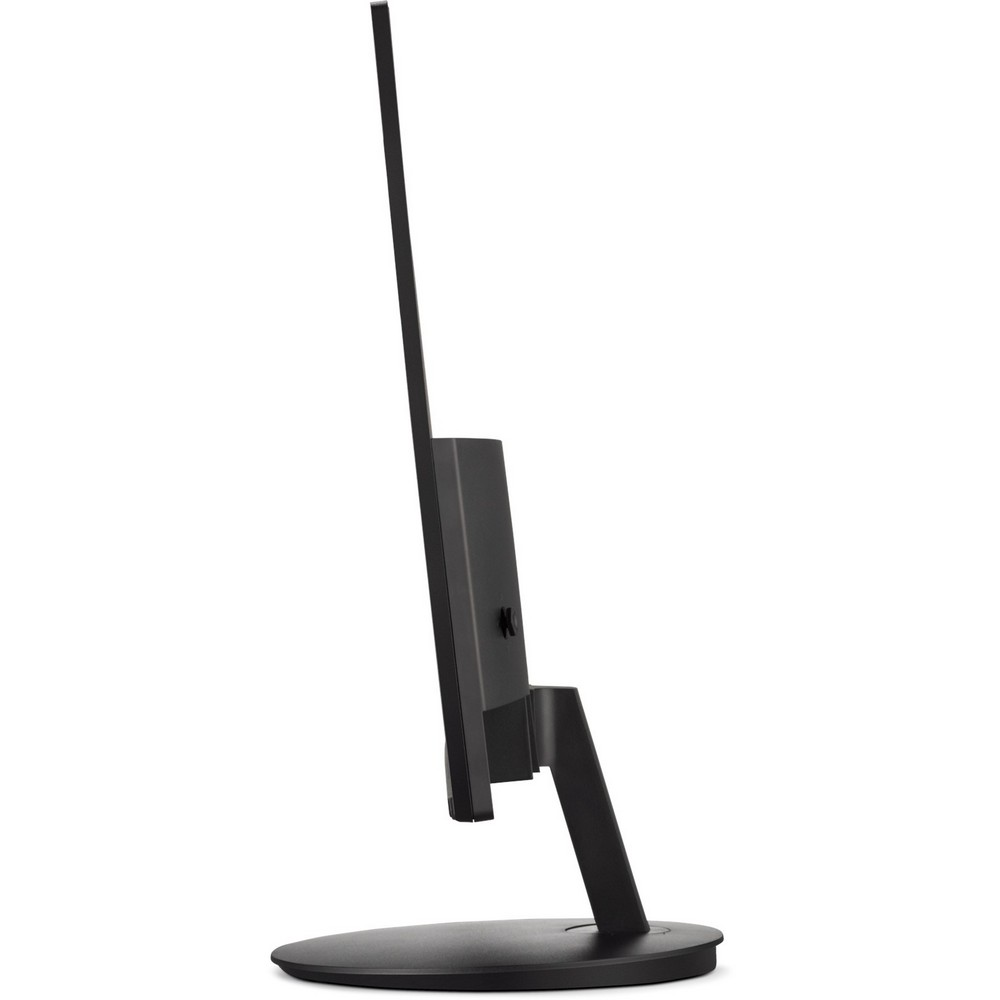 Widok z boku czarnego monitora komputerowego ze stojakiem na białym tle.