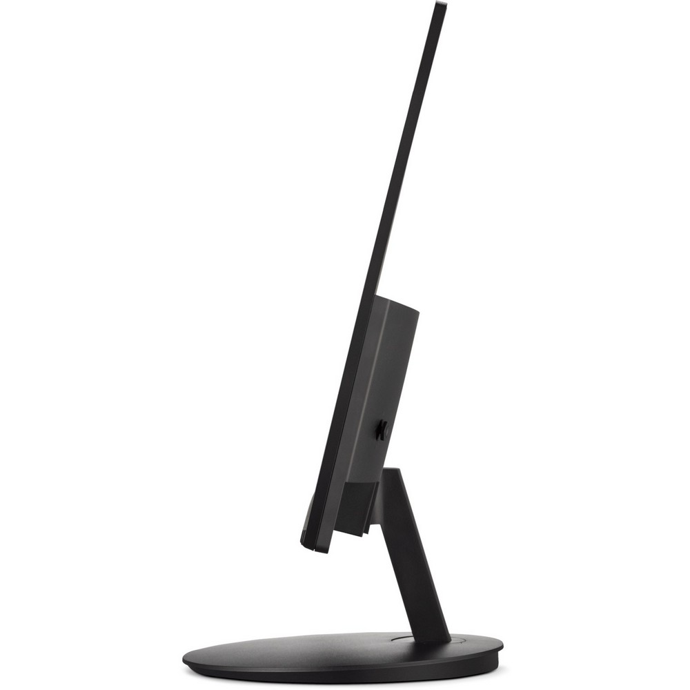 Czarny monitor z boku. Podstawa jest okrągła, a ekran cienki i czarny.