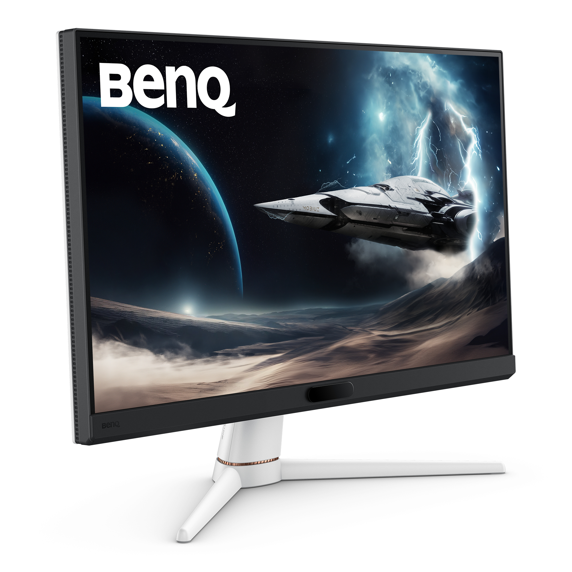 Monitor BenQ z futurystyczną sceną kosmiczną. Biała podstawa o zakrzywionym kształcie.