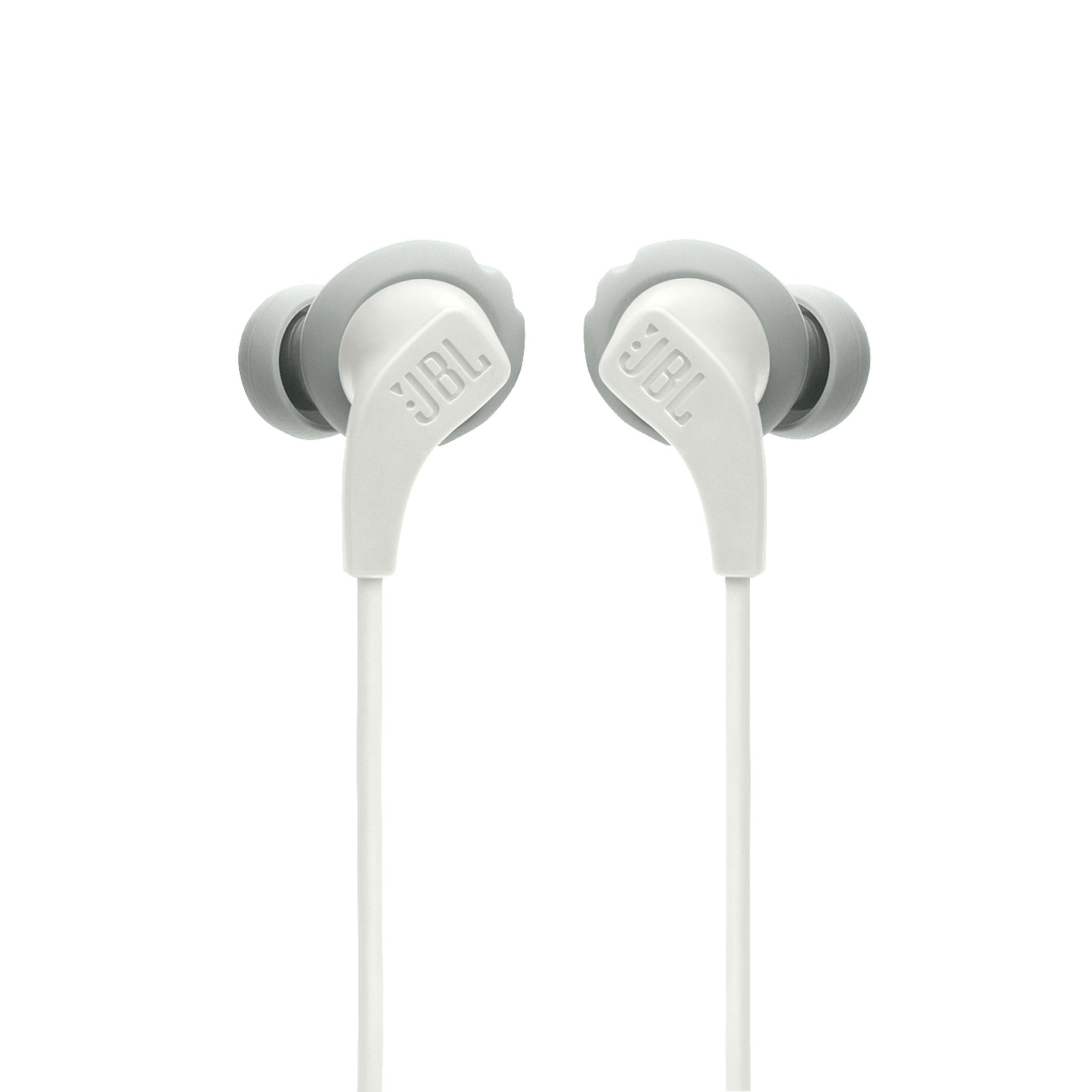 Due cuffie in-ear JBL bianche con auricolari grigi rivolte verso lo spettatore su uno sfondo bianco.