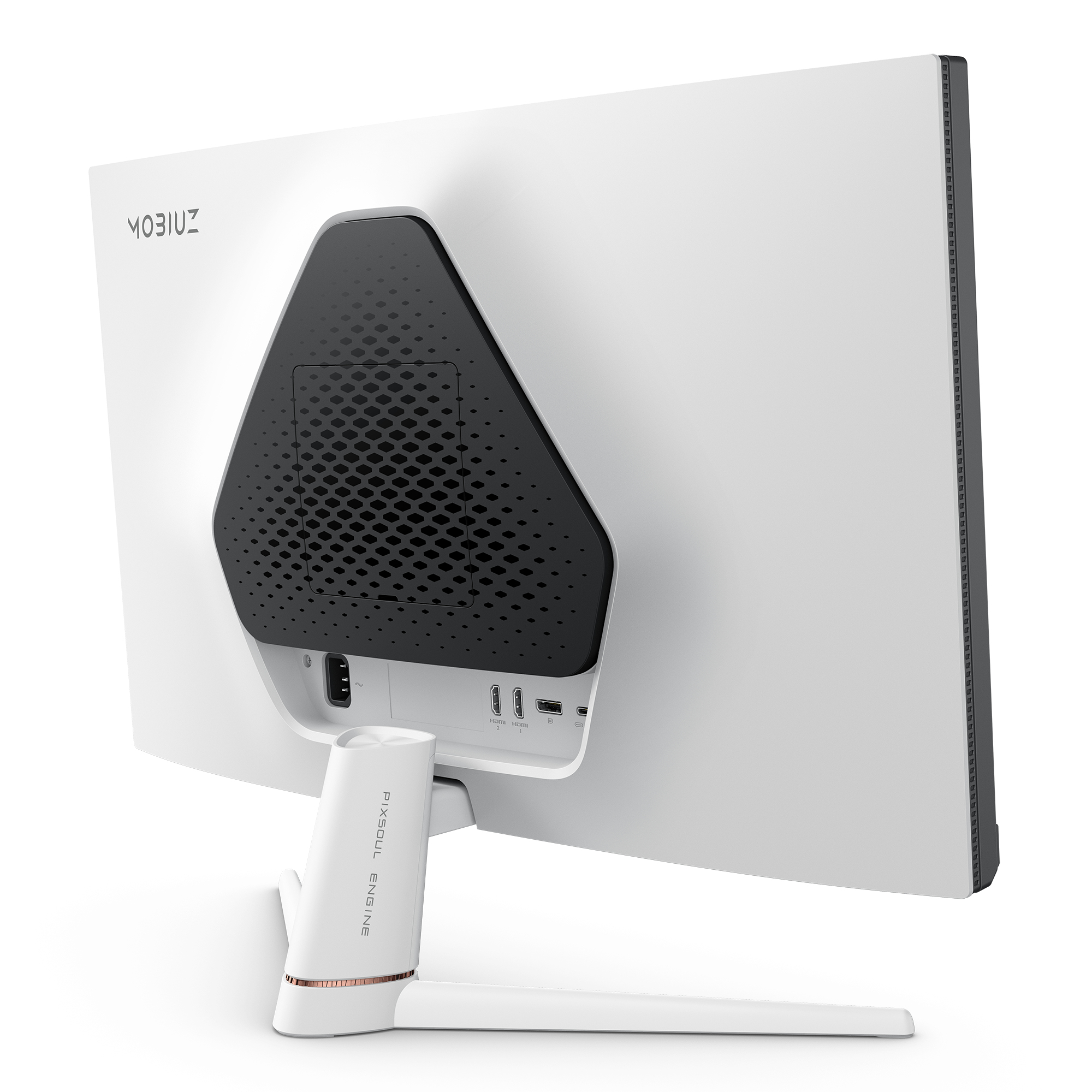 Tył białego monitora komputerowego. Czarny stojak i akcenty. Białe tło.