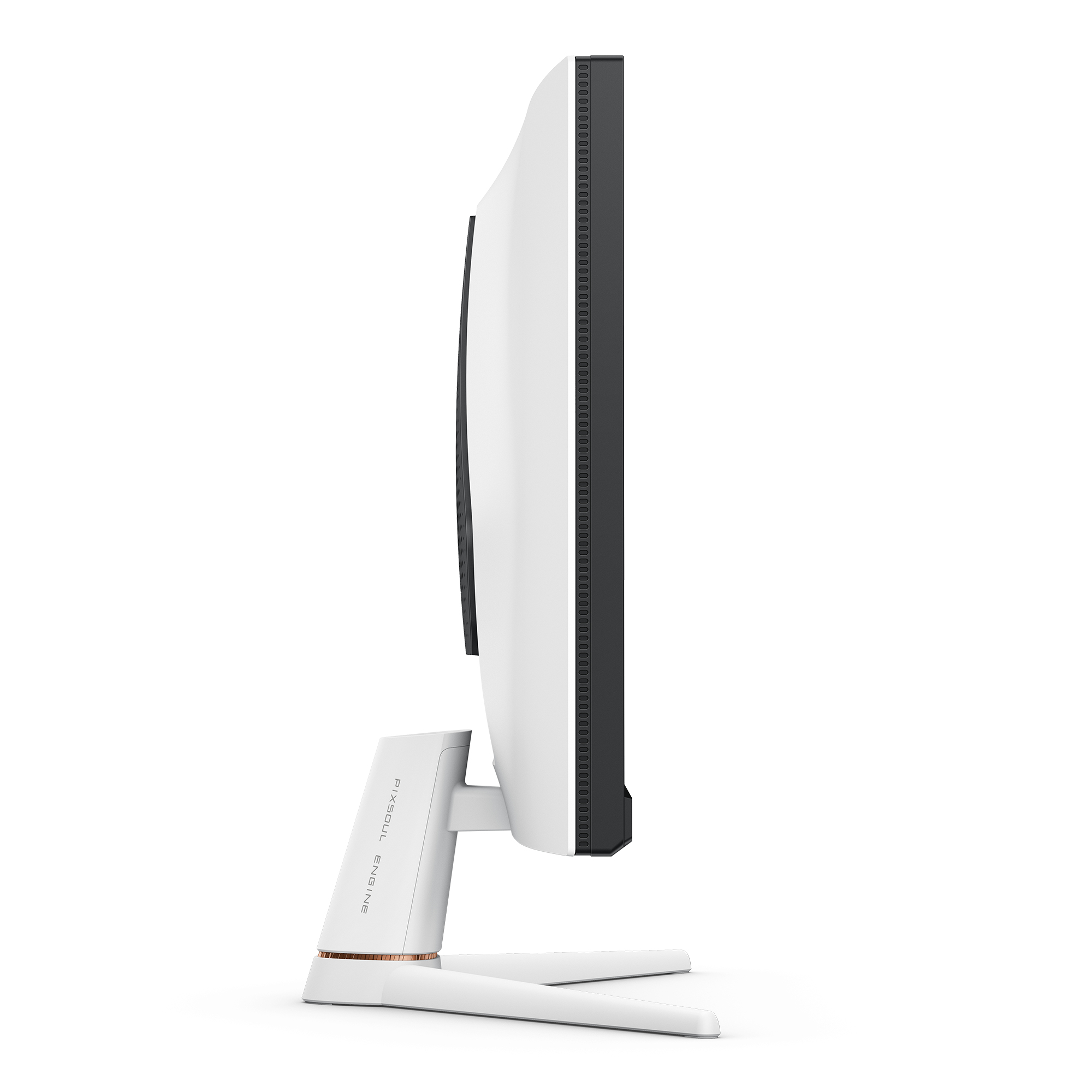 Widok z boku białego monitora z białą podstawą na białej powierzchni.