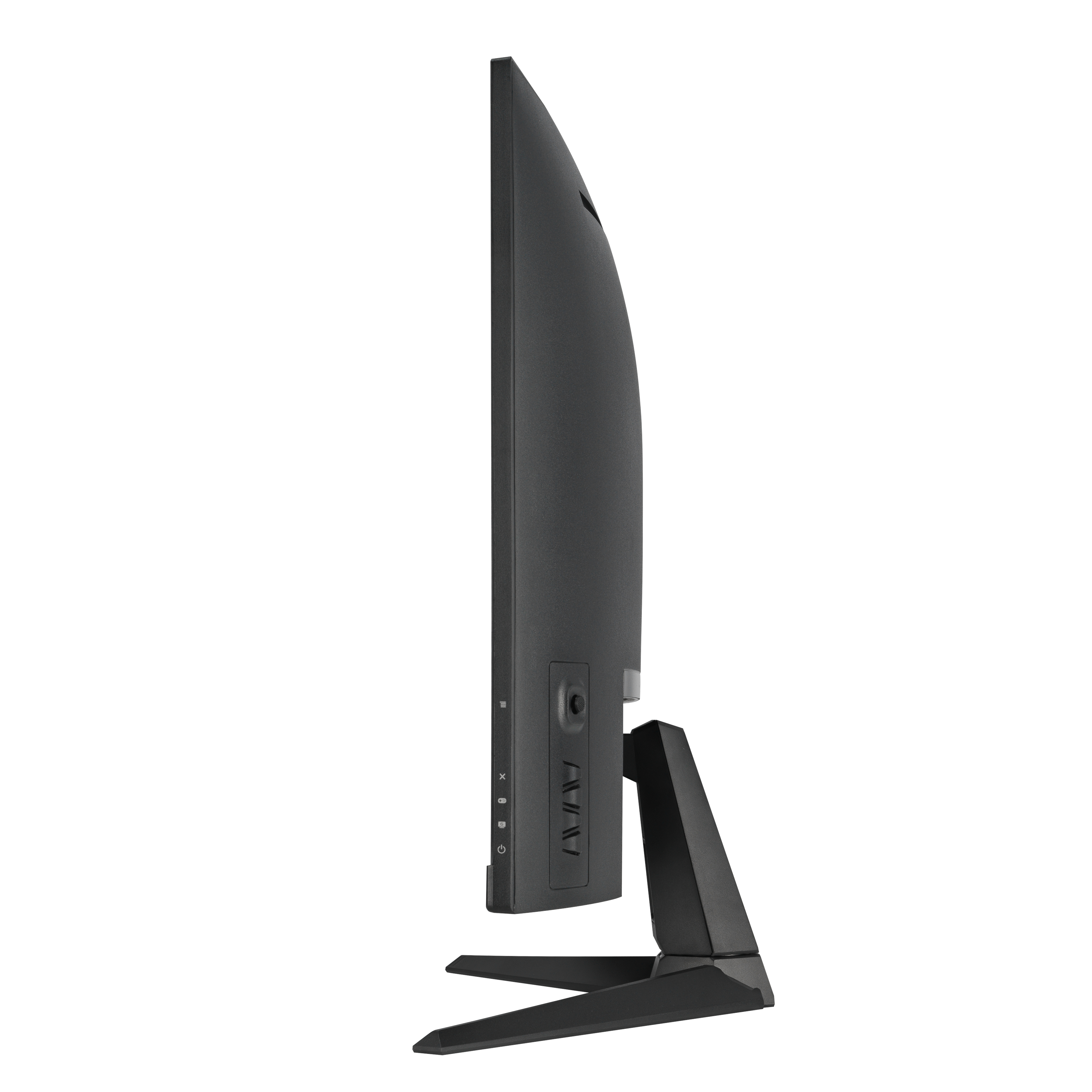 Monitor z boku, ze srebrną podstawą.