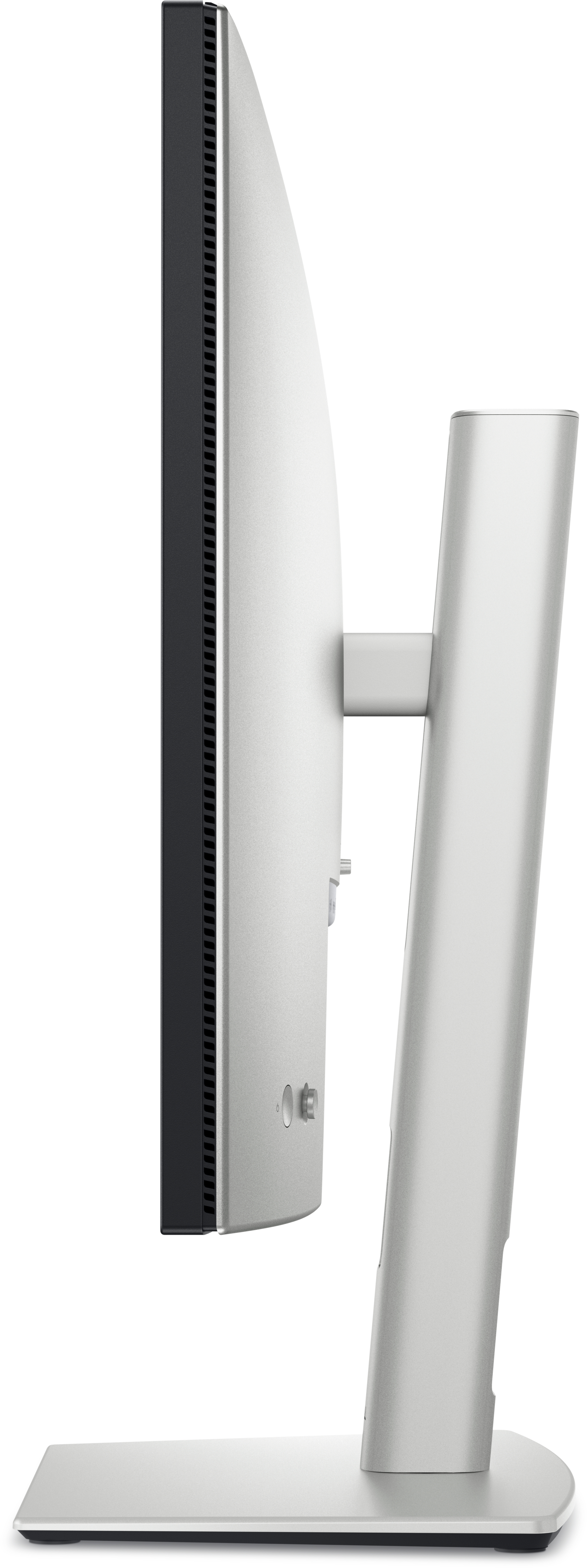 Widok z boku srebrnego monitora komputerowego na białym tle, pokazujący podstawę i ekran.