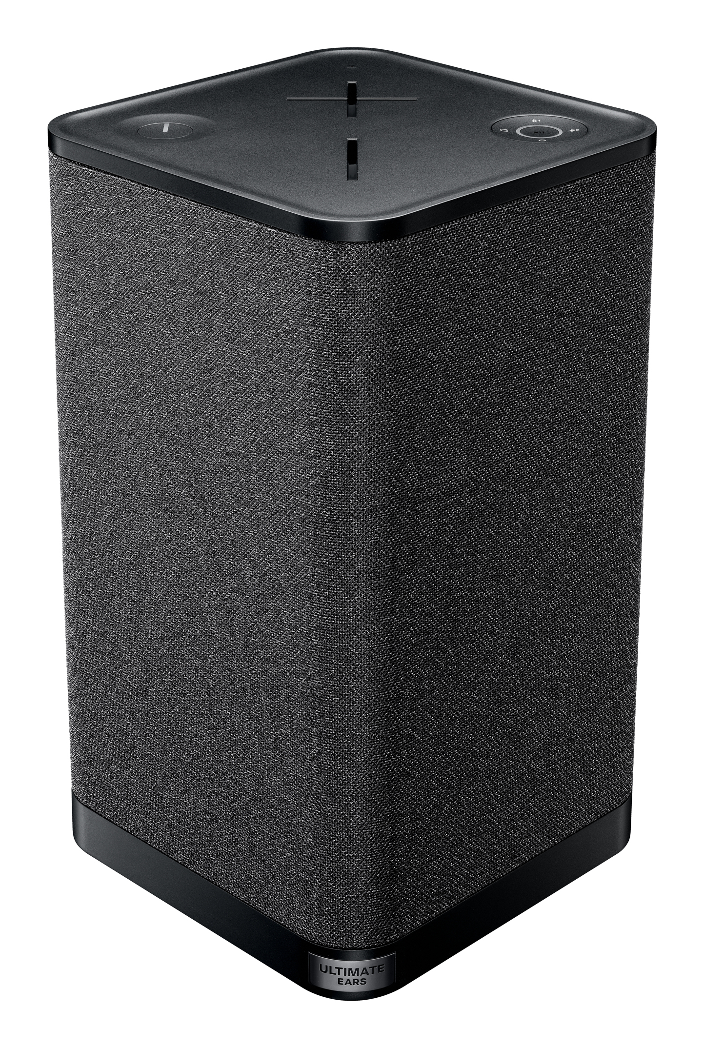 Czarny głośnik Ultimate Ears, cylindryczny kształt. Czarna podstawa i góra. Białe tło.