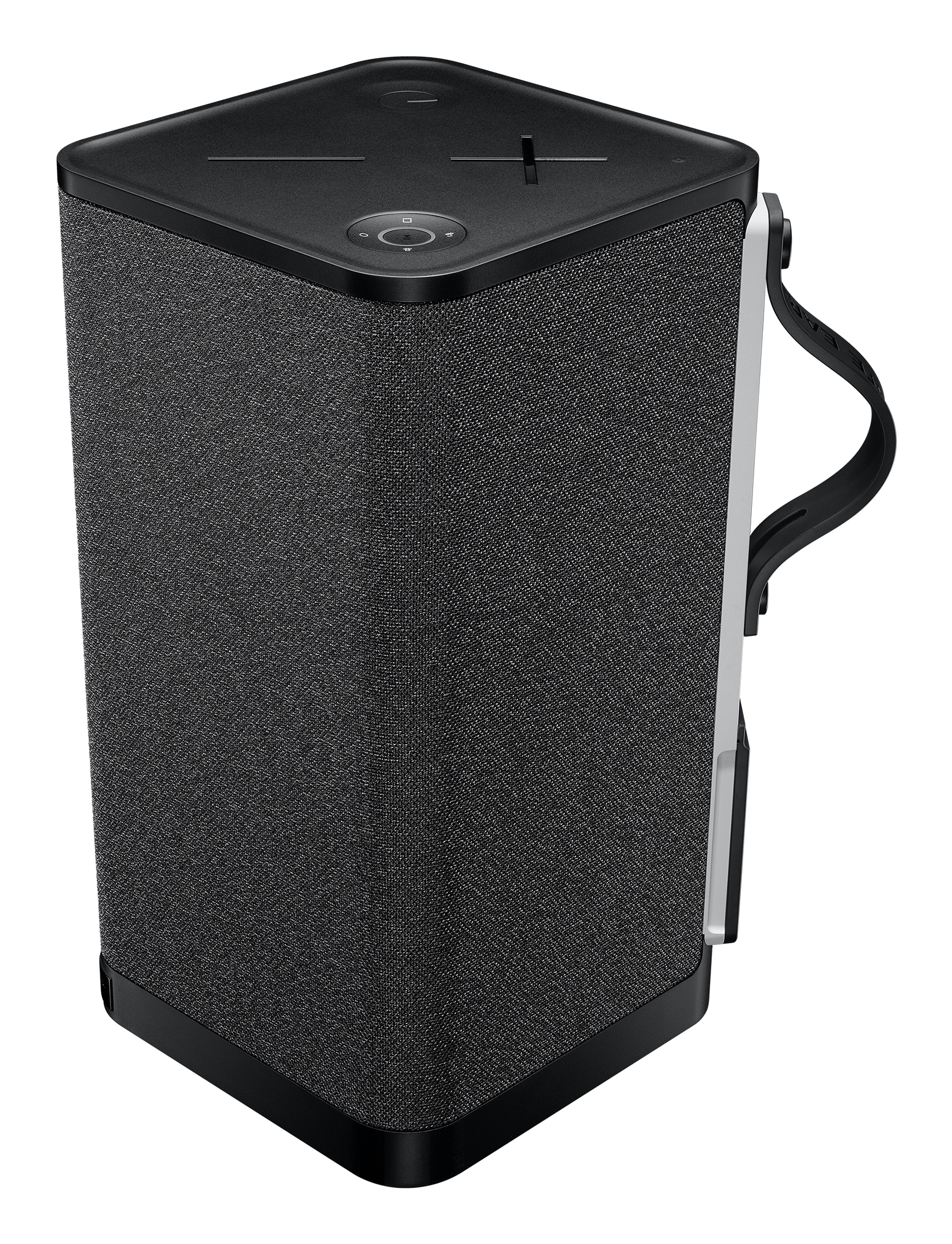 Szary głośnik z tkaniny z czarnym górą i dołem, z uchwytem z boku.