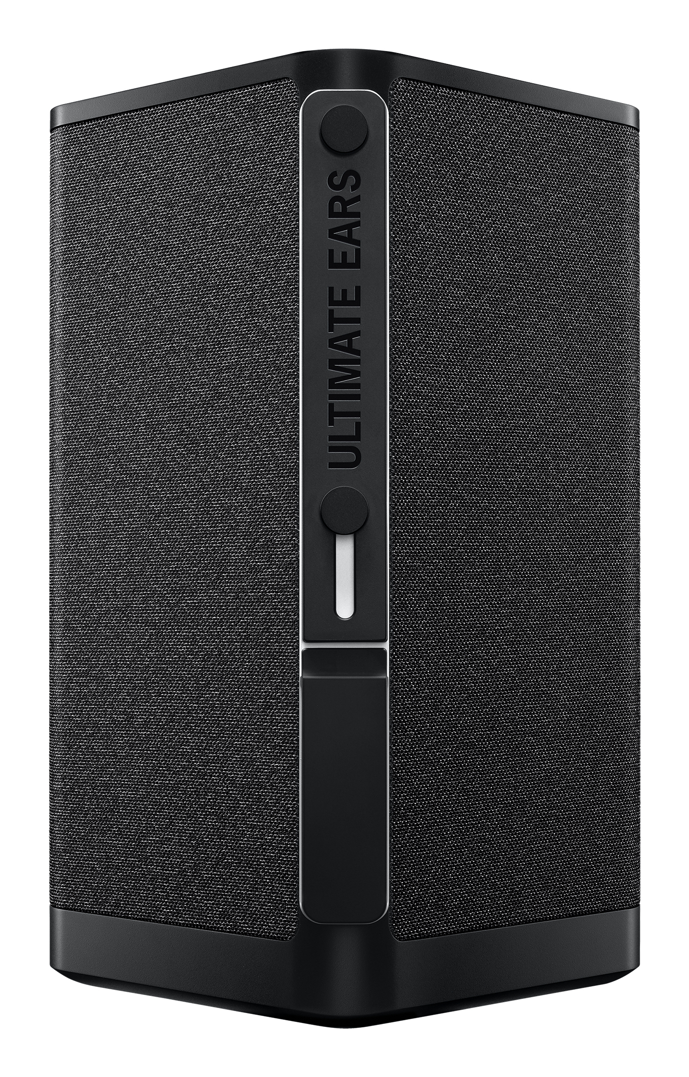Czarny głośnik z szarymi bocznymi panelami z siatki. Widoczny napis "ULTIMATE EARS" i przycisk.