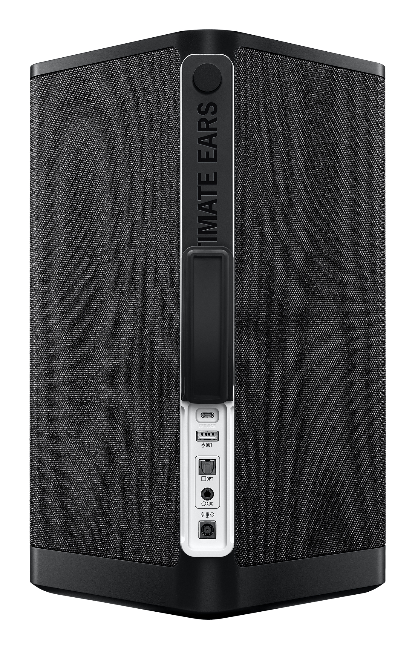 Czarny głośnik z szarymi bocznymi panelami z siatki. Widoczne porty i przycisk. "ULTIMATE EARS".