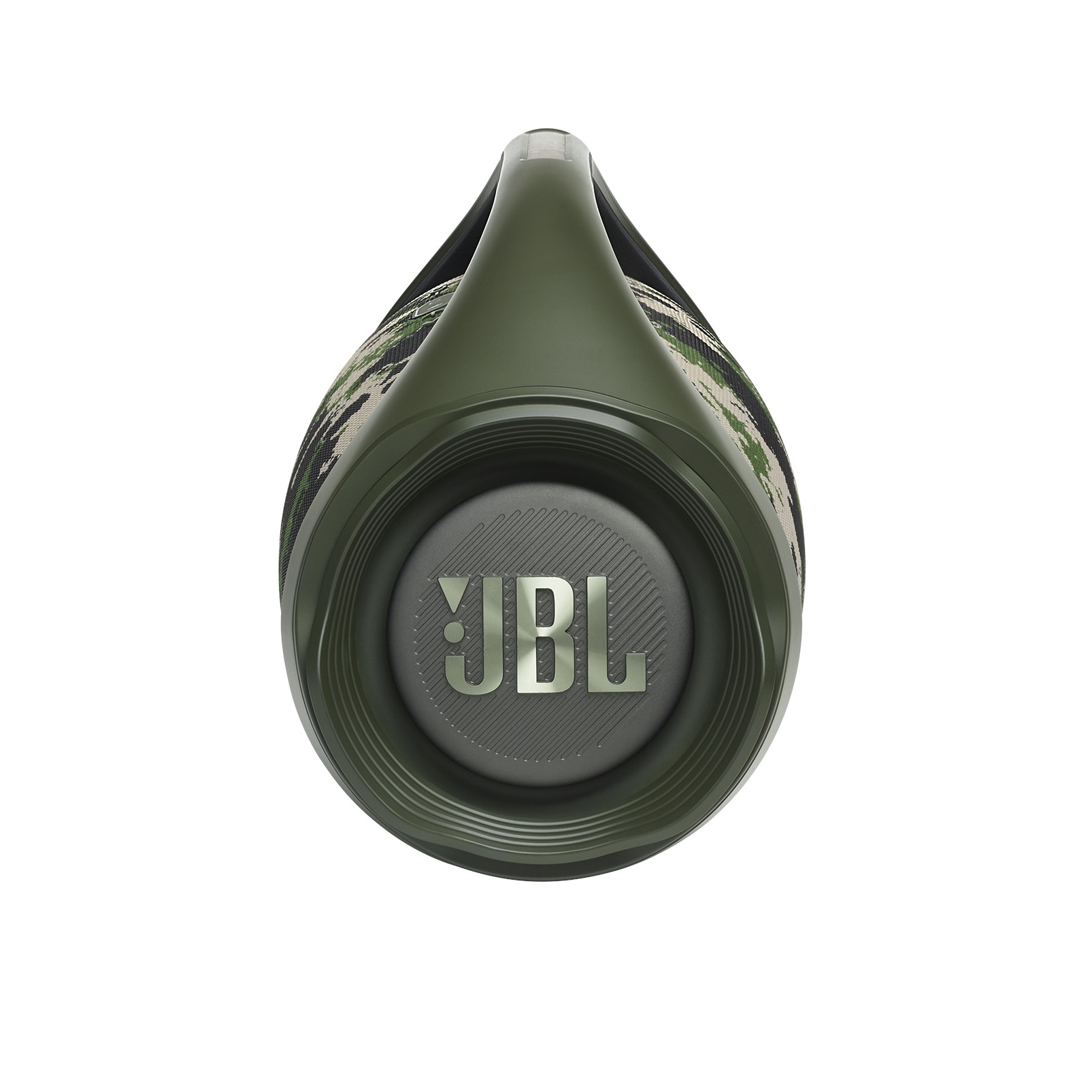 Grüner und Camo-Lautsprecher. JBL-Logo auf grauem Zentrum. Isoliert auf weißem Hintergrund.