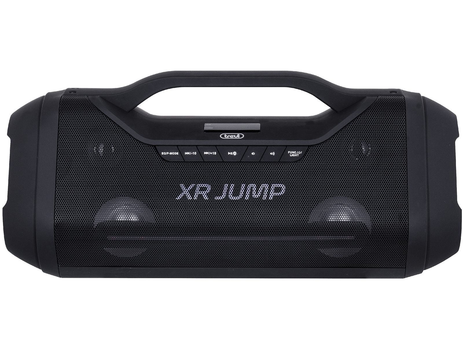 Schwarzer tragbarer XR Jump-Lautsprecher mit Griff und Bedienelementen.