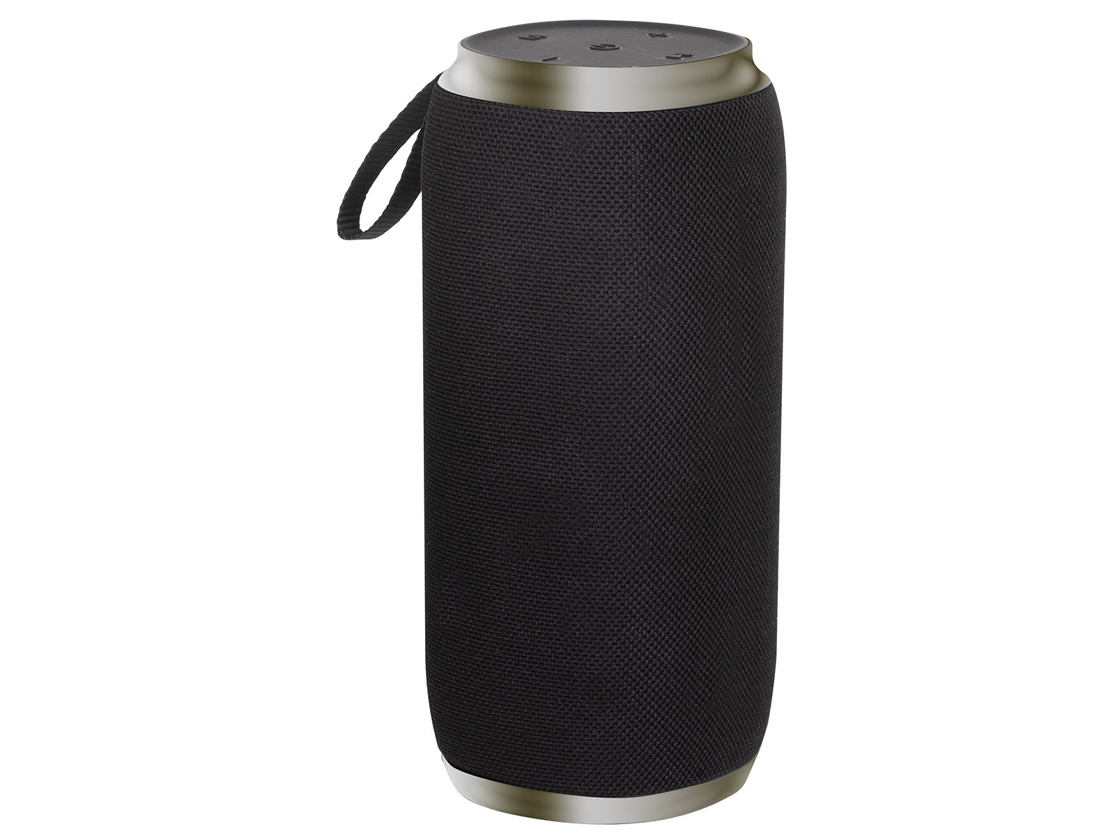 Czarny głośnik cylindryczny z uchwytem. Srebrne akcenty. Białe tło.