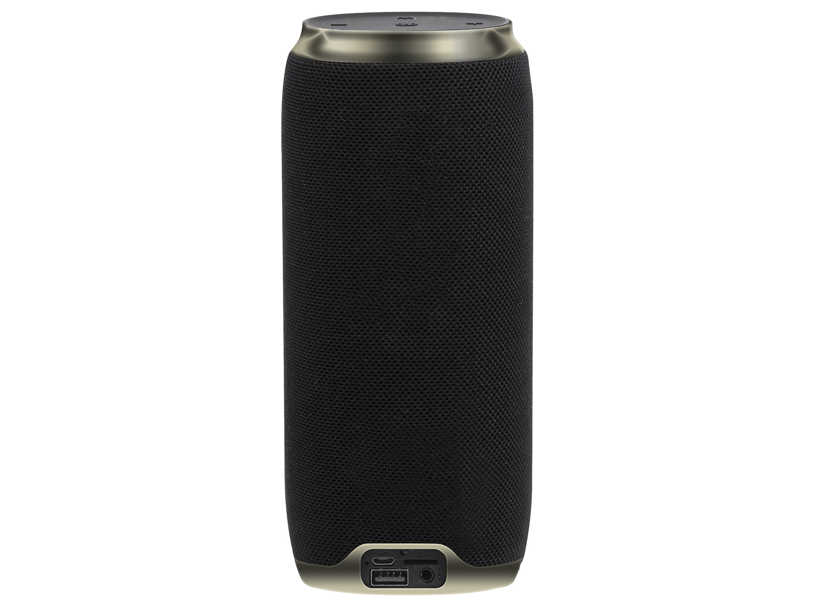 Czarny i złoty głośnik cylindryczny. Posiada port USB i inne porty.